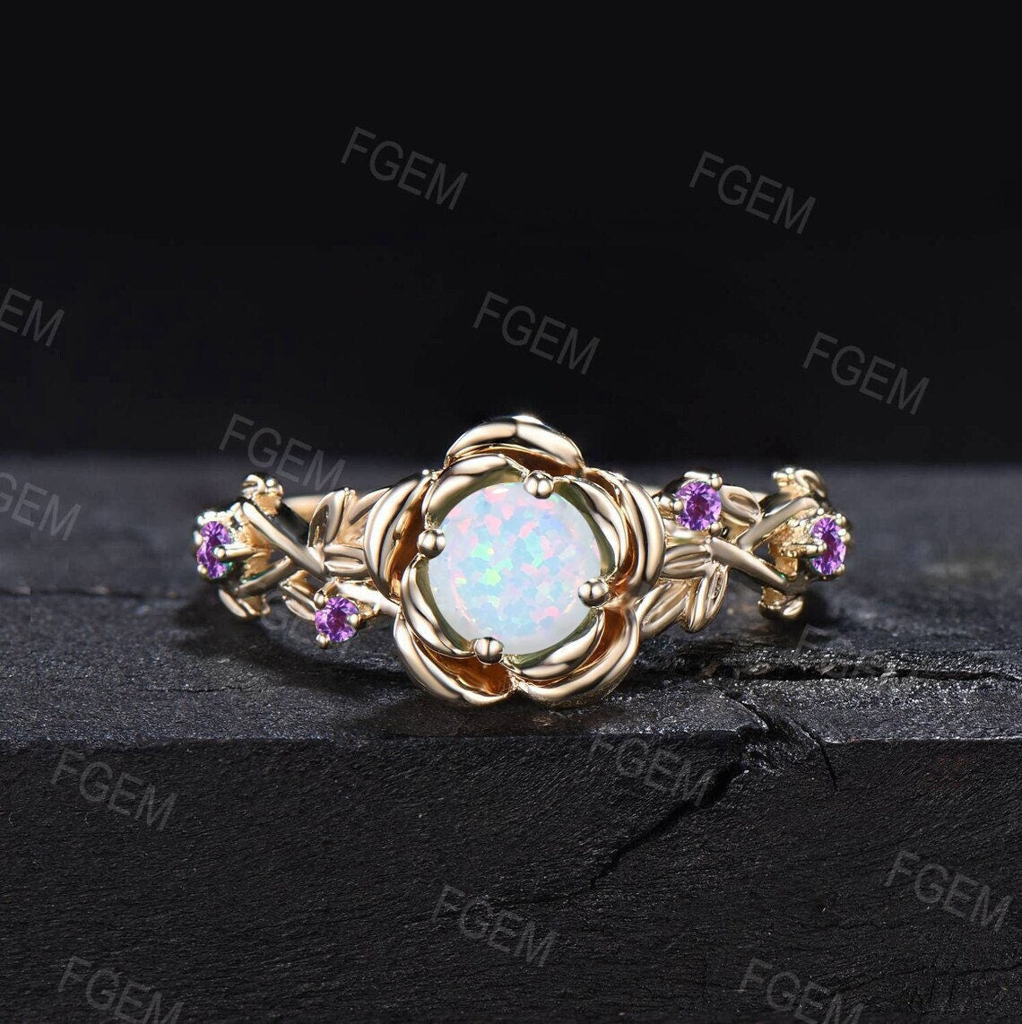 Gold Floral Engagement Ring 5mm Round Cut White Opal Twist Wedding Ring Nature Inspired Leaf Opal Jewelry Rose Flower Amethyst Promise Ring