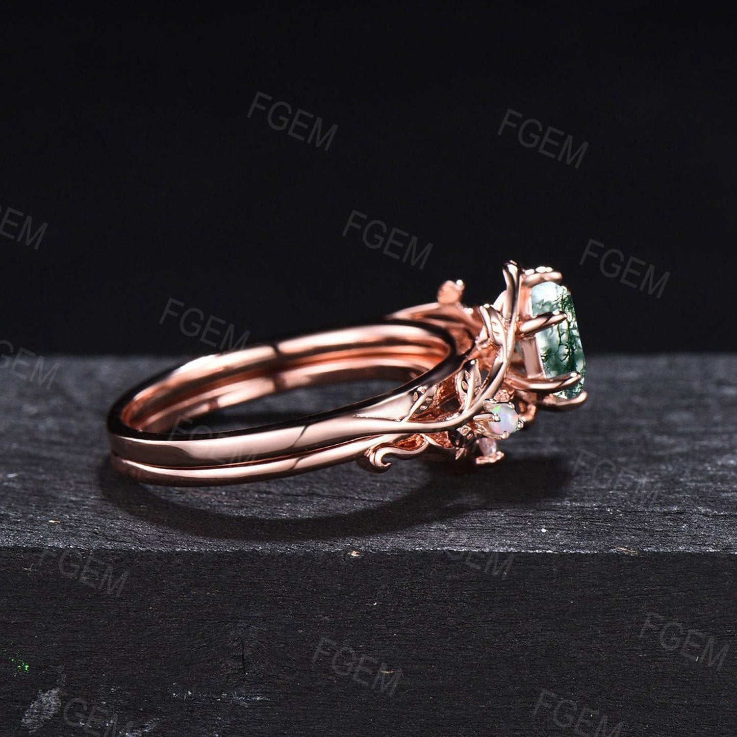 1ct Hexagon Natural Moss Agate Nature Inspired Wedding Ring Set Rose Gold Vintage Branch Leaf Emerald Opal Bridal Set Unique Promise Gifts