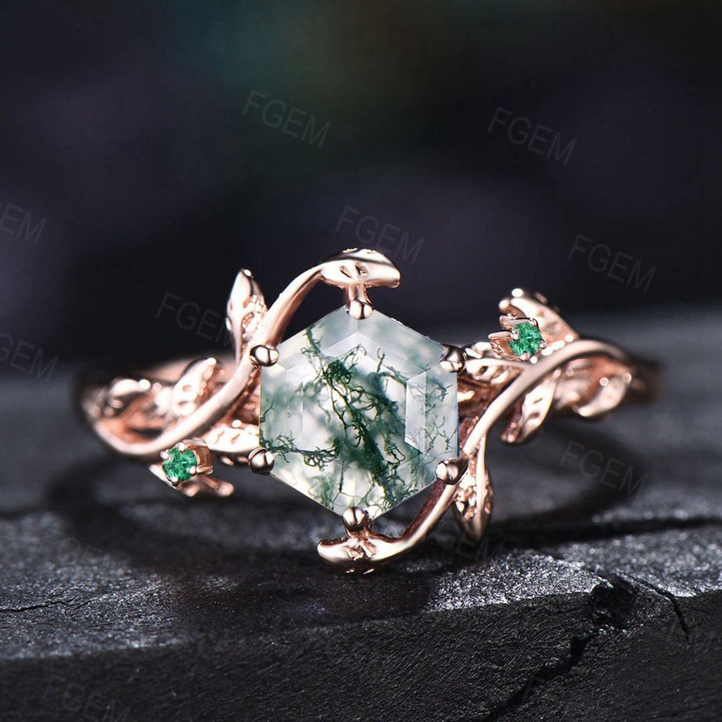 1ct Hexagon Nature Inspired Moss Agate Wedding Ring Set Rose Gold Vintage Branch Leaf Emerald Alexandrite Bridal Set Unique Promise Gifts