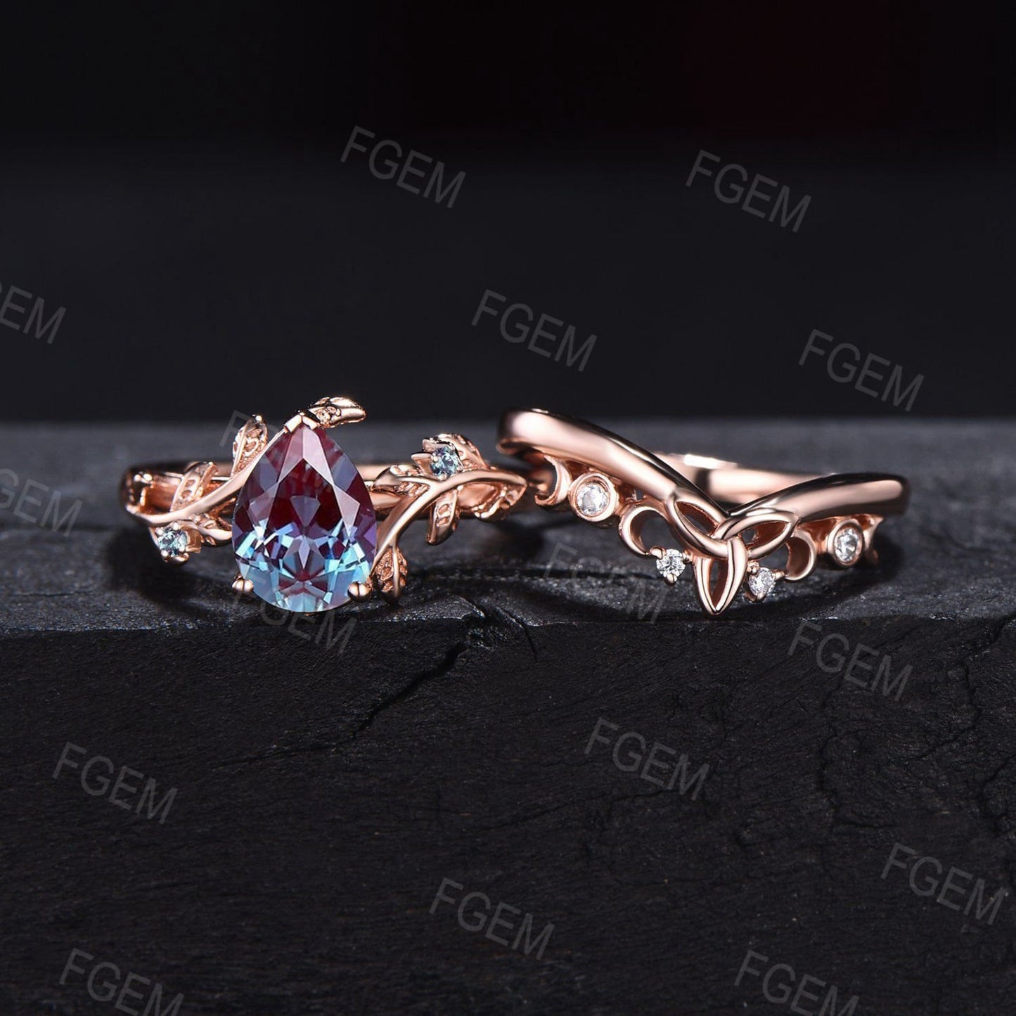 Nature Engagement Ring Set 10K/14K/18K Rose Gold 1.25ct Pear Shaped Leaves Alexandrite Amethyst Ring Celtic Knot Alexandrite Wedding Band