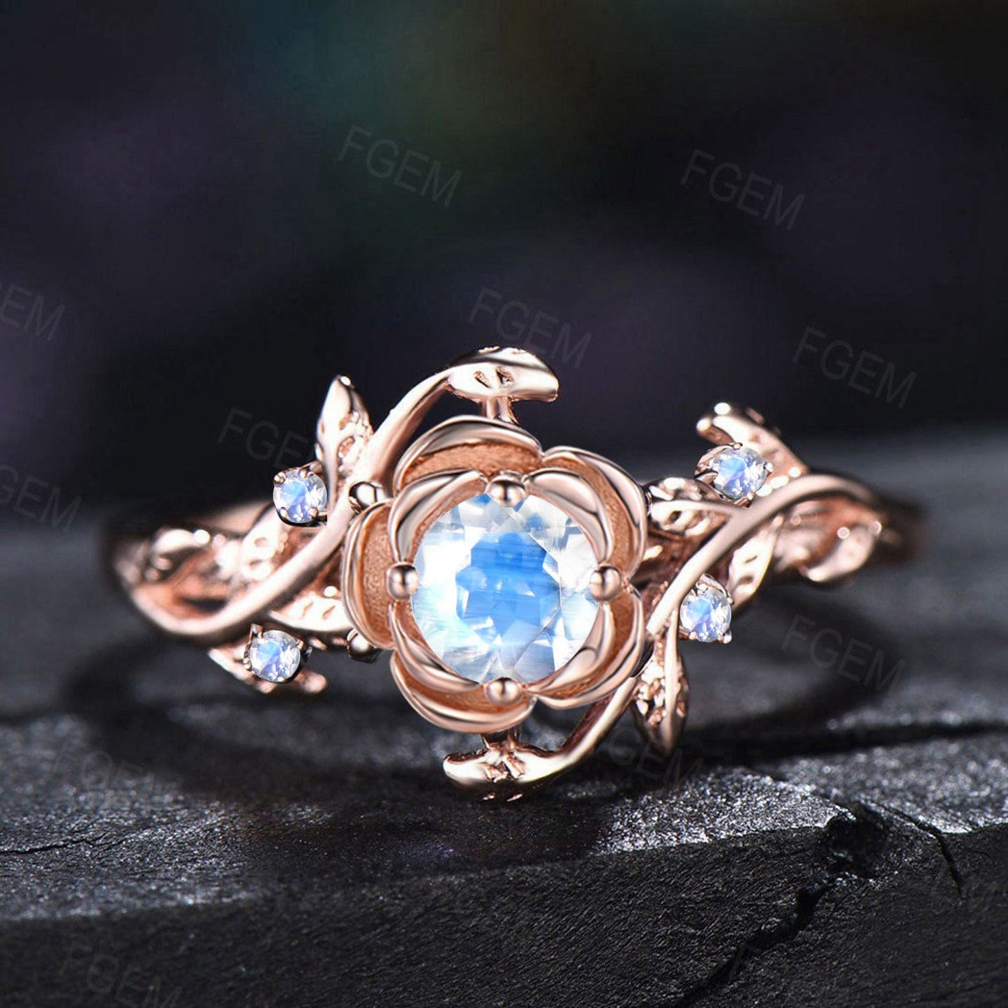 Rose Flower Engagement Ring 5mm Round Natural Rainbow Moonstone Wedding Ring Nature Inspired Leaf Floral Moonstone Ring June Birthstone Gift