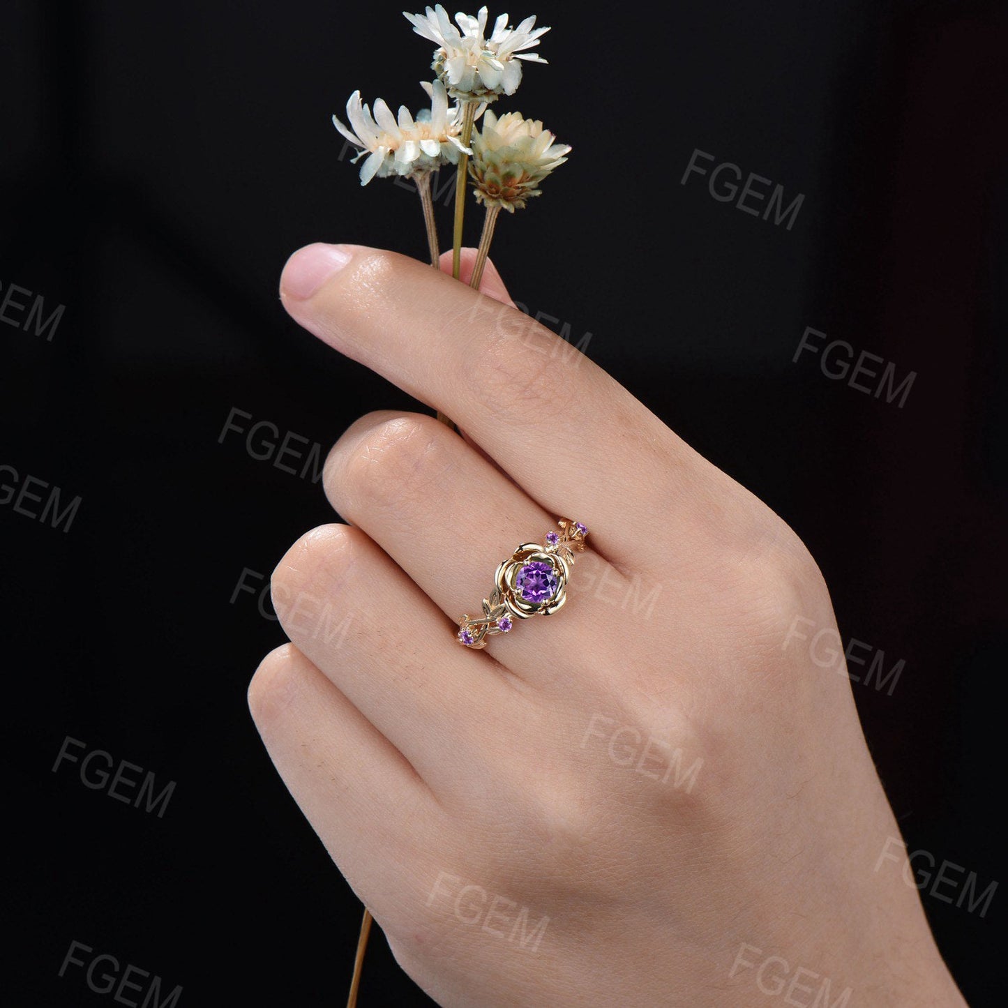 Nature Inspired Flower Amethyst Engagement Ring 5mm Round Purple Crystal Wedding Ring Leaf Floral Amethyst Ring February Birthstone Gifts