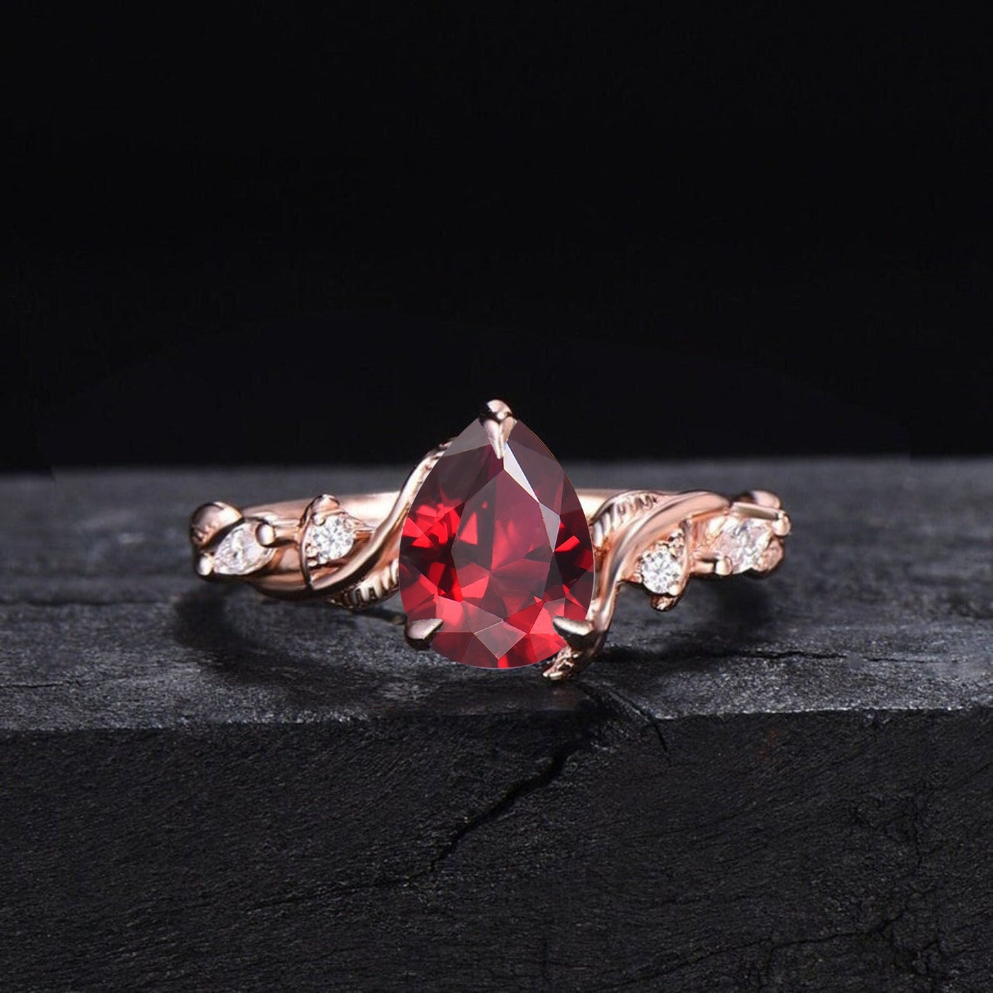 Nature Inspired Red Ruby Gemstone Jewelry 10K Rose Gold Twist Vine Ruby Moonstone Engagement Ring Set Anniversary Ring July Birthstone Gift