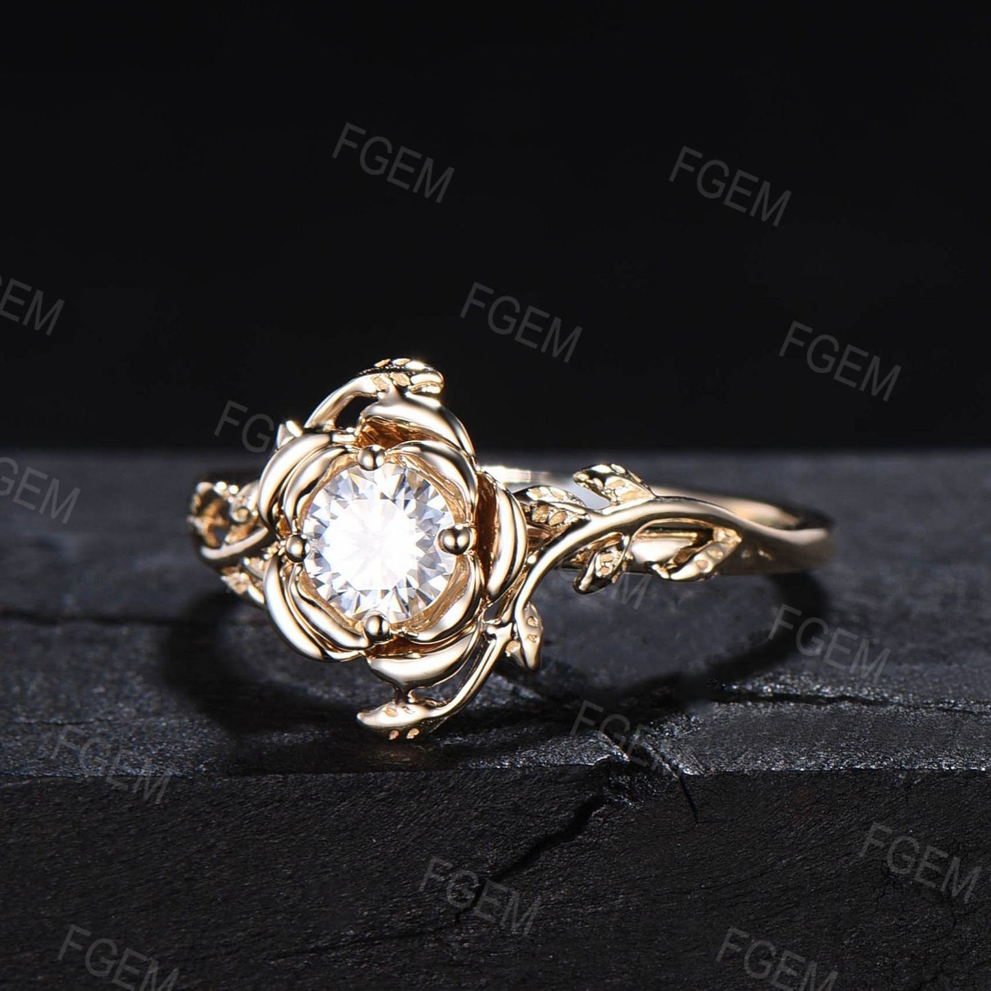 Rose Flower Engagement Ring Round Moissanite Diamond Ring Rose Gold Floral Wedding Ring Nature Inspired Leaf Moissanite Jewelry Promise Gift