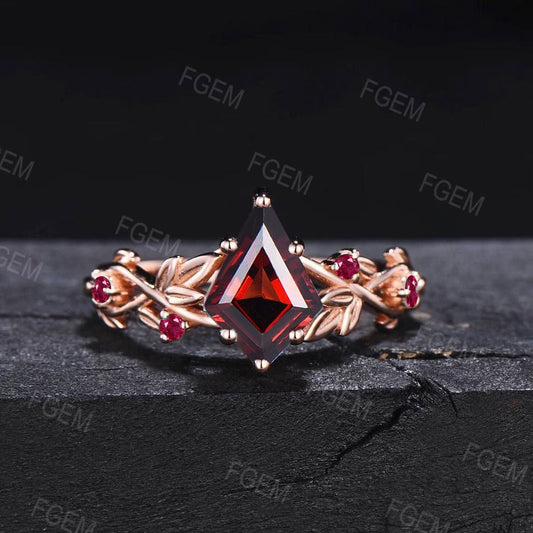 Nature Inspired Natural Garnet Ring 14K Rose Gold Kite Twist Leaf Garnet Engagement Ring Red Gemstone Jewelry January Birthstone Wedding Set