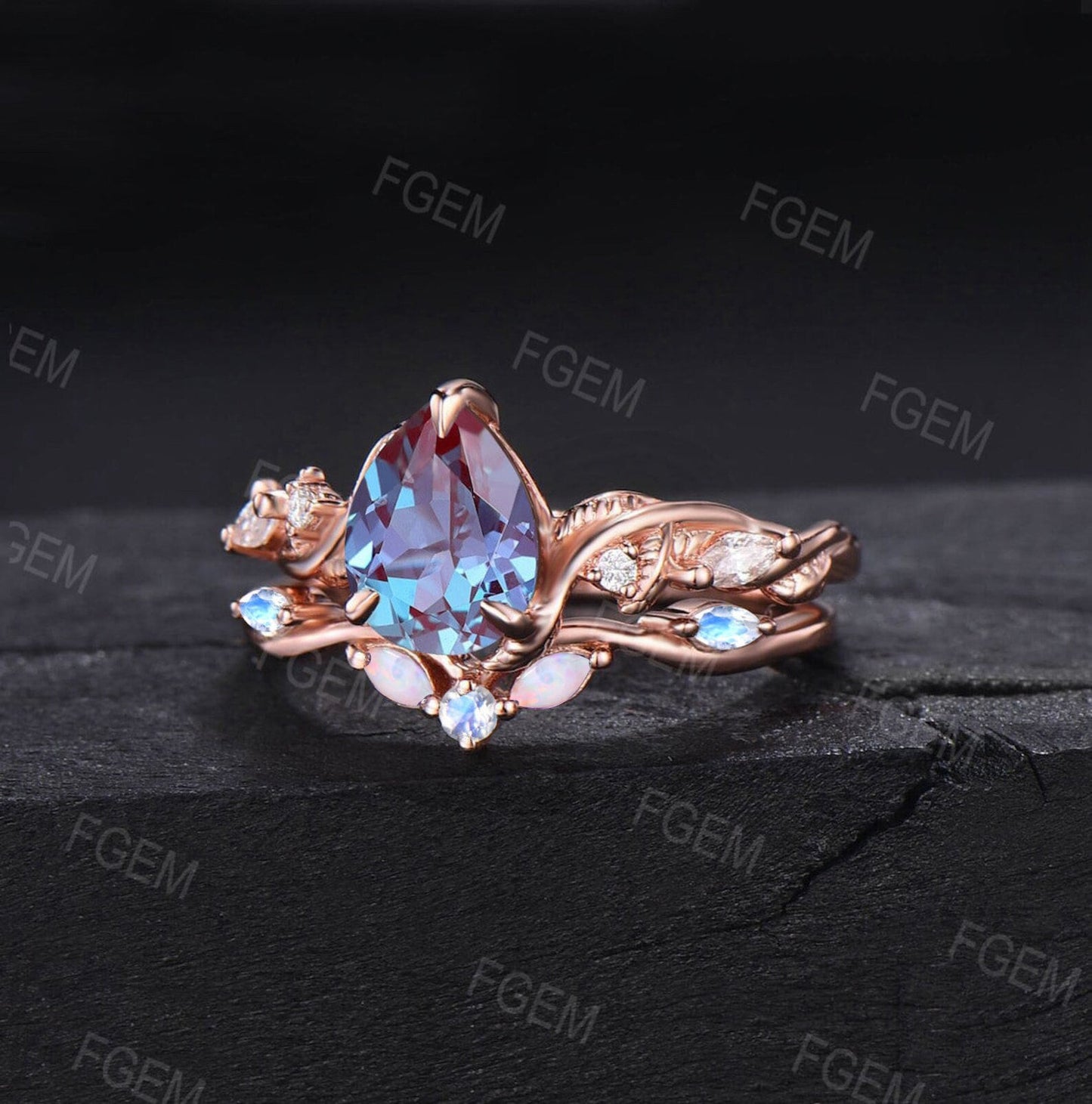Color-Change Alexandrite Engagement Ring Set Nature Inspired Pear Cut Alexandrite Moonstone Bridal Set Twist Leaf Vine Moissanite Opal Rings