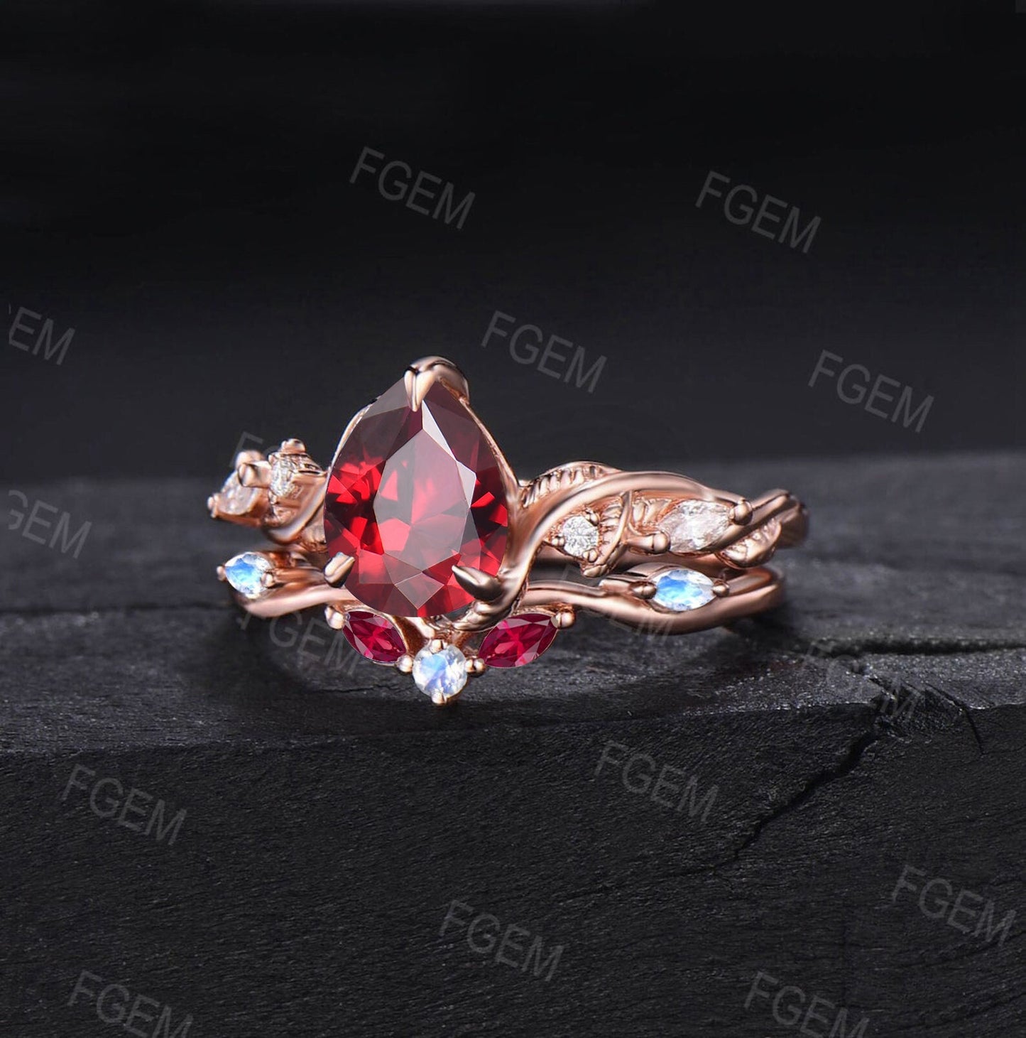 Nature Inspired Red Ruby Gemstone Jewelry 10K Rose Gold Twist Vine Ruby Moonstone Engagement Ring Set Anniversary Ring July Birthstone Gift