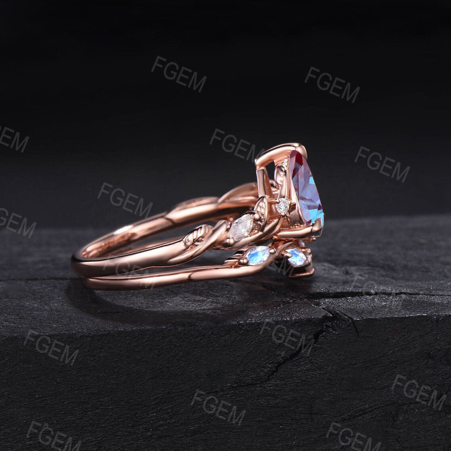 Nature Inspired Teardrop Alexandrite Moonstone Bridal Set Color-Change Alexandrite Engagement Ring Set Twist Vine Moissanite Proposal Rings