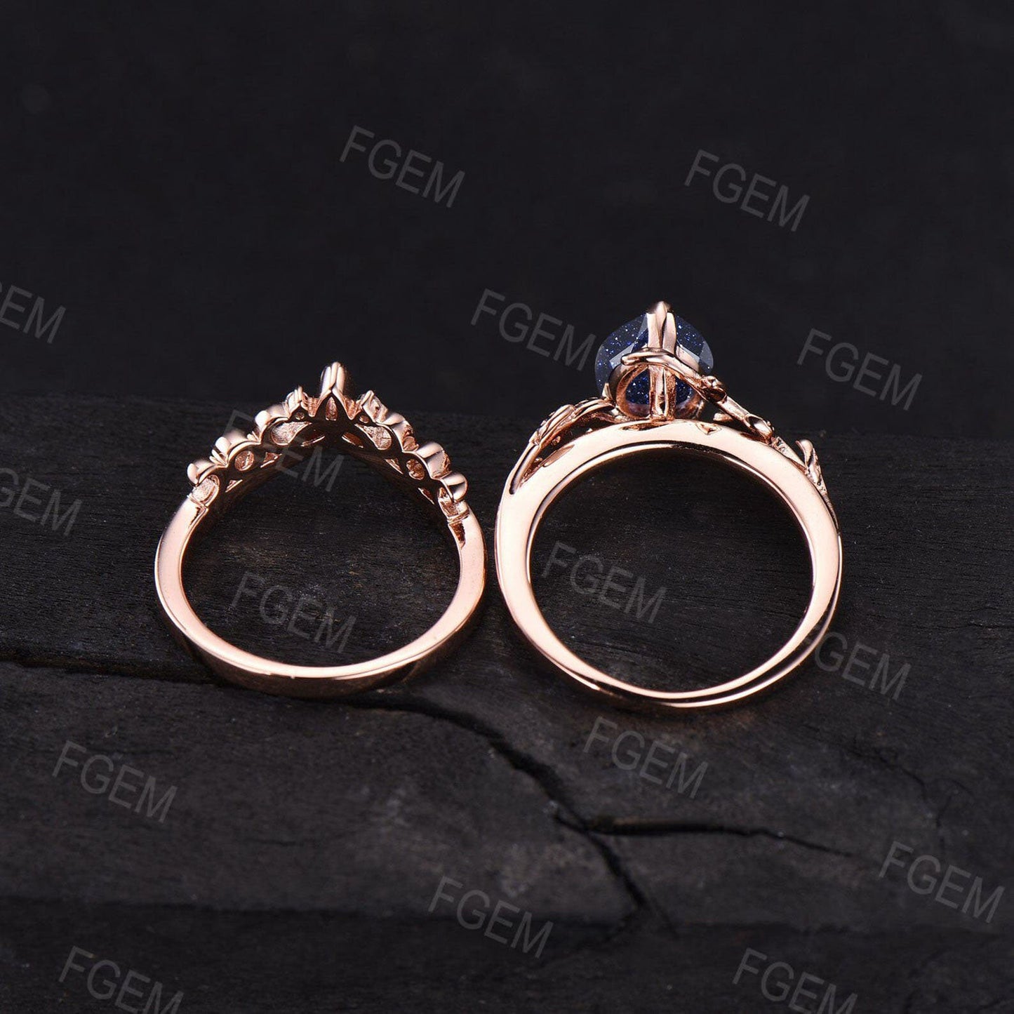 Nature Engagement Ring Set Sterling Silver Unique 1.25ct Teardrop Blue Sandstone Ring Leaf Solitaire Rings Celtic Wedding Band Promise Gift