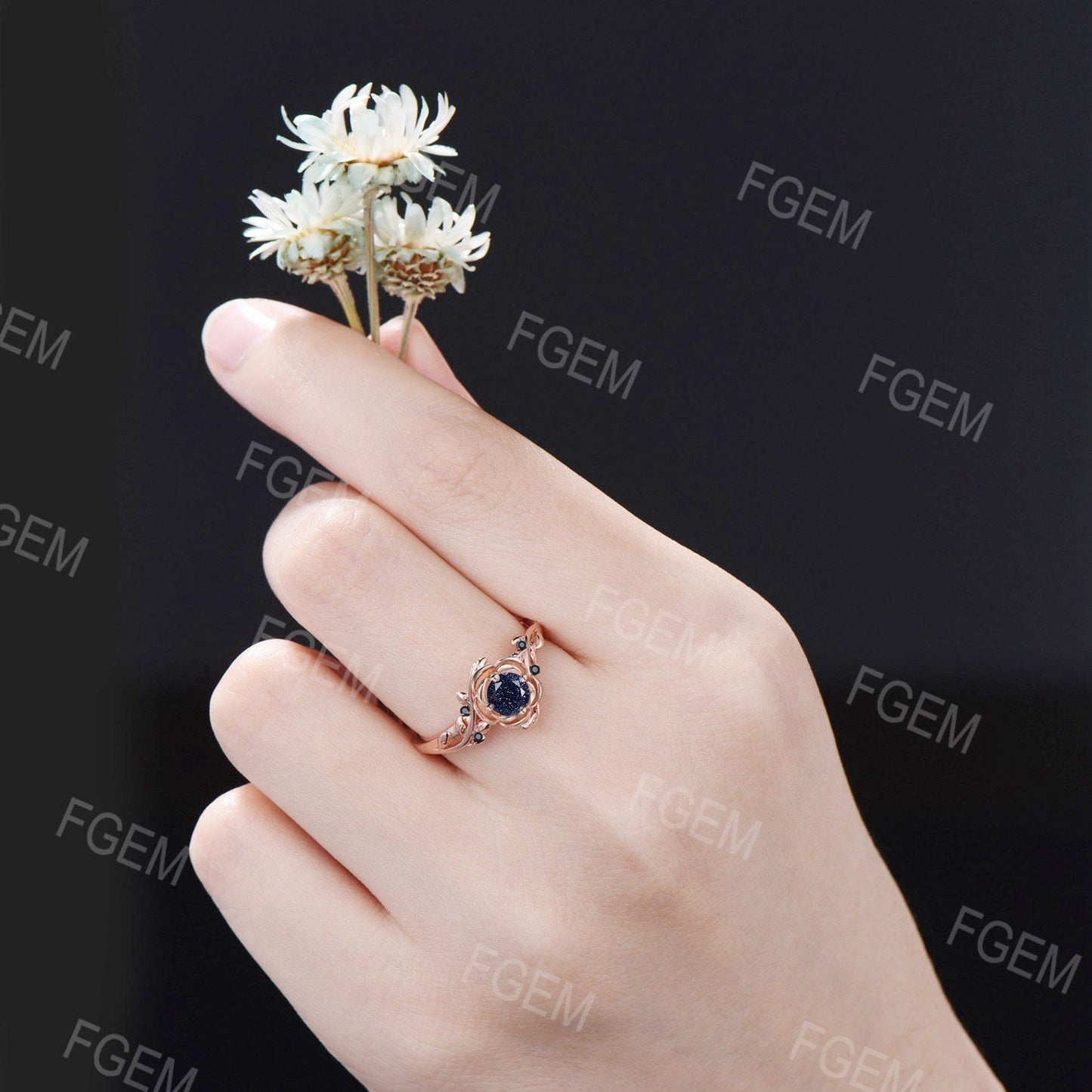 Nature Inspired Blue Sandstone Engagement Ring 5mm Round Blue Goldstone Ring Rose Flower Wedding Ring Black Spinel Leaf Branch Ring Gift