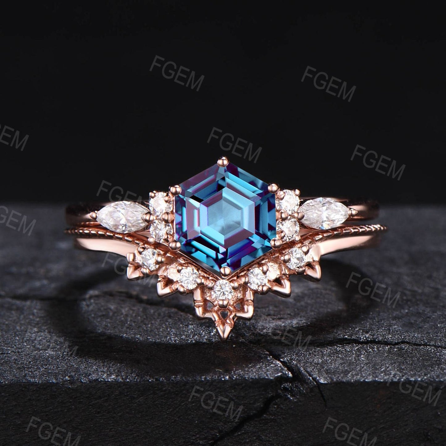 1CT Alexandrite Ring Set Unique Hexagon Wedding Ring Vintage Curve CZ Diamond Wedding Band Alexandrite Bridal Set Anniversary/Birthday Gift