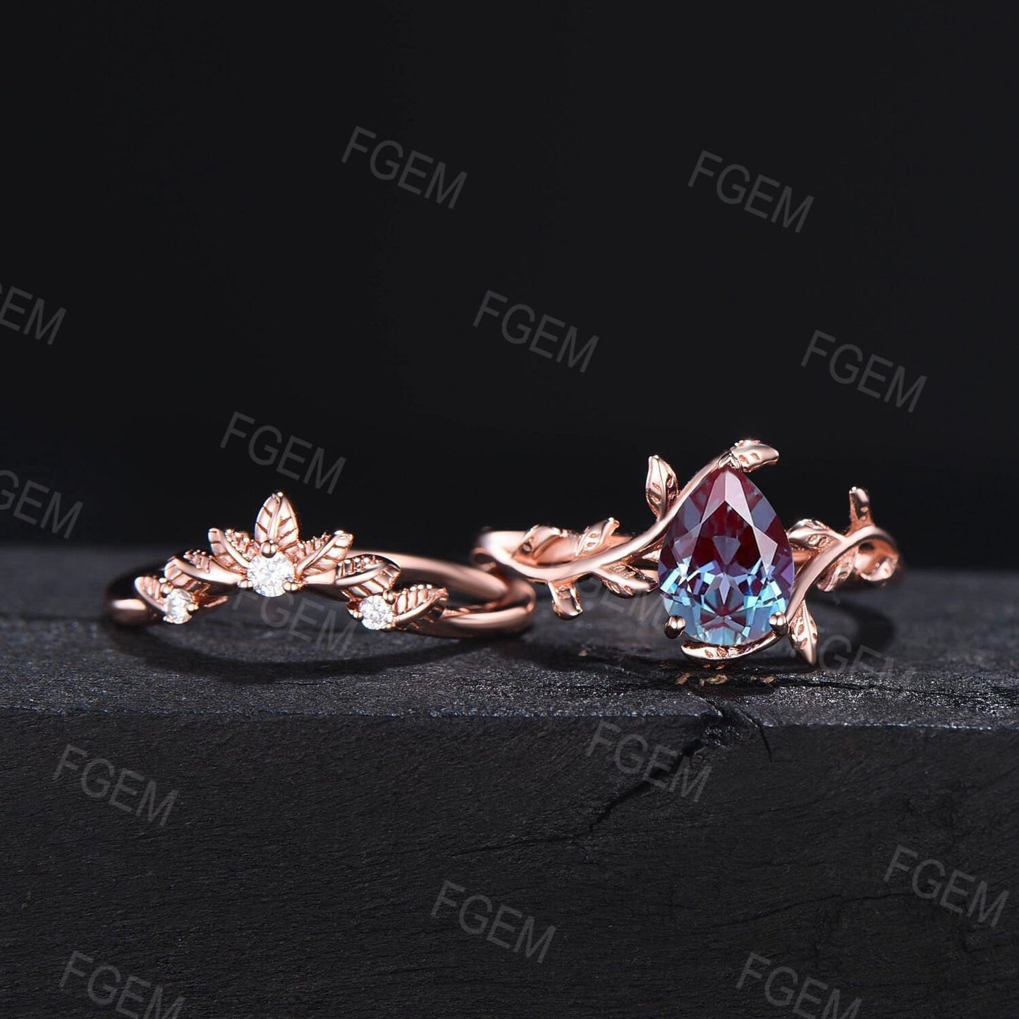 Branch Style Alexandrite Engagement Ring Set 14k Rose Gold 1.25ct Pear Cut Alexandrite Moissanite Solitaire Ring Leaf Nature Wedding Ring