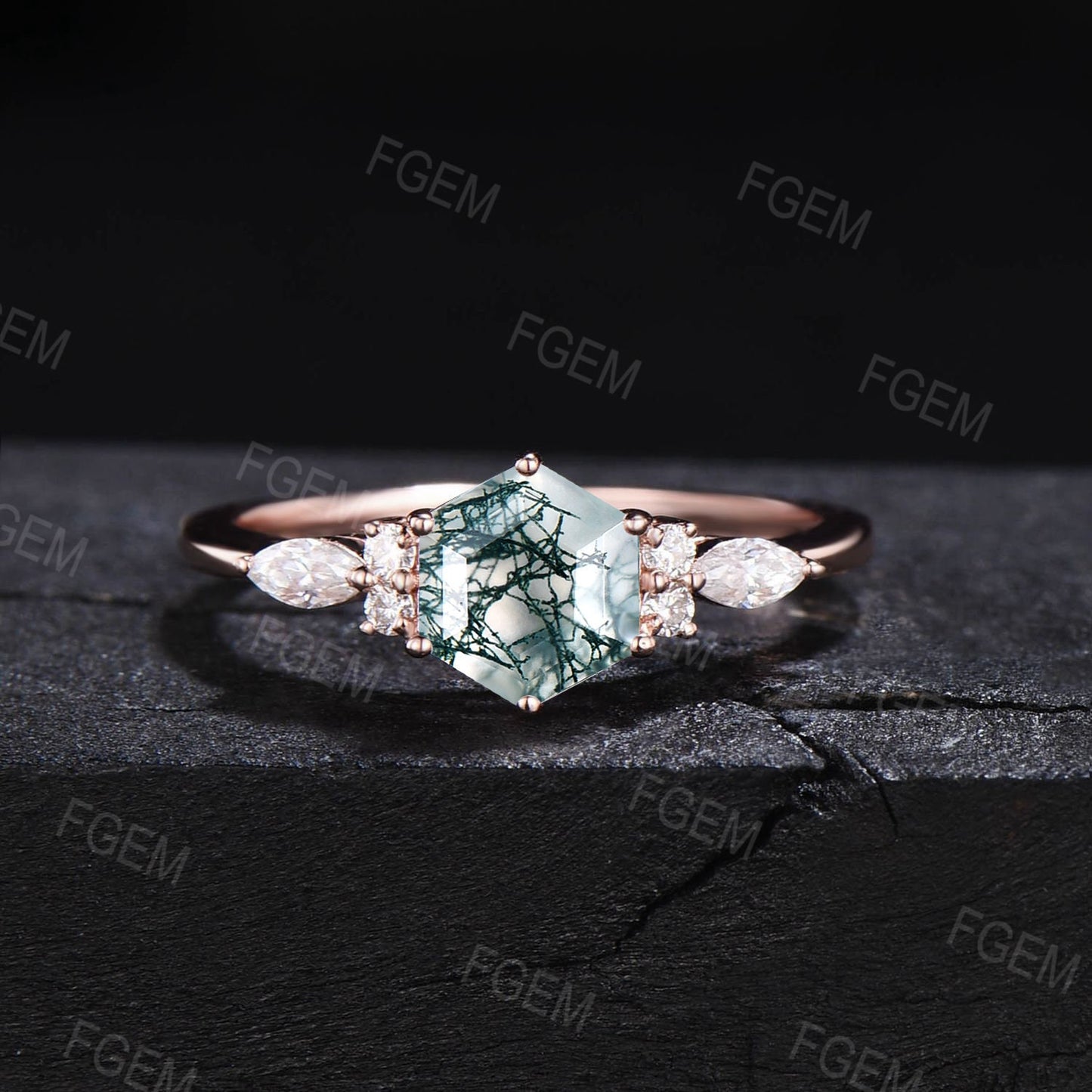 1ct Hexagon Cut Moss Agate Engagement Ring Set Curve CZ Diamond Wedding Band Rose Gold Moss Agate Bridal Set For Women Unique Proposal Gifts