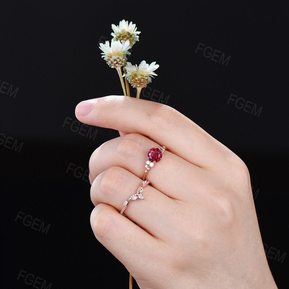 1ct Round Red Ruby Engagement Ring Set Dainty Ruby Diamond Cluster Bridal Ring Set Leaf Wedding Ring Unique Promise/Anniversary Gifts Women