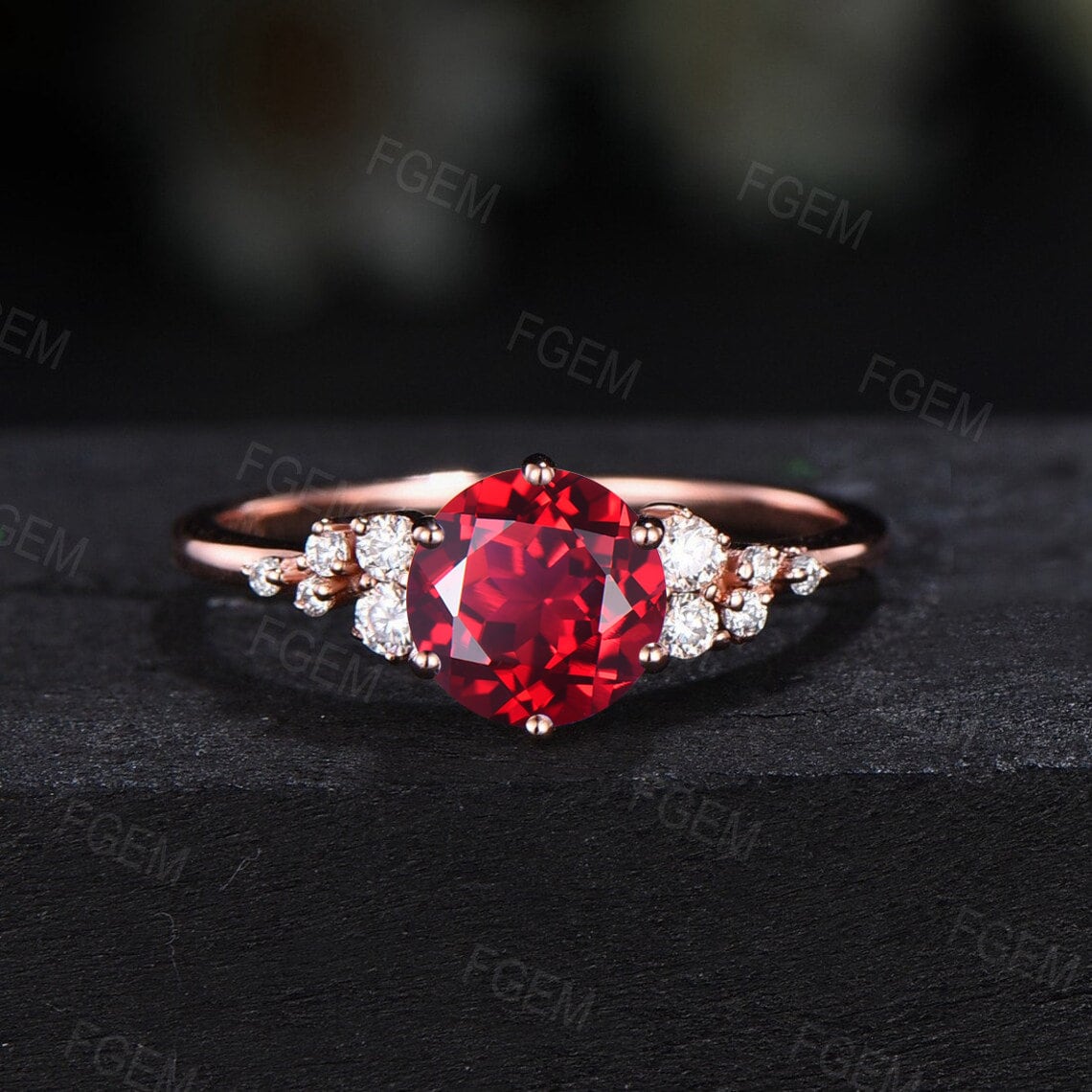 1ct Round Red Ruby Engagement Ring Set Dainty Ruby Diamond Cluster Bridal Ring Set Leaf Wedding Ring Unique Promise/Anniversary Gifts Women