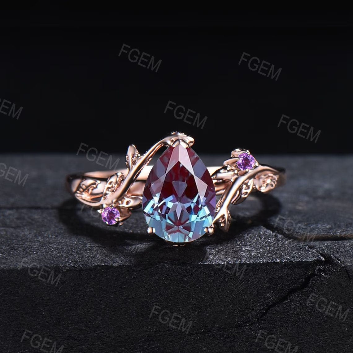10K Rose Gold 1.25ct Leaf Vine Branch Pear Alexandrite Amethyst Bridal Set Nature Inspired Color-Change Alexandrite Ring Set Proposal Gift
