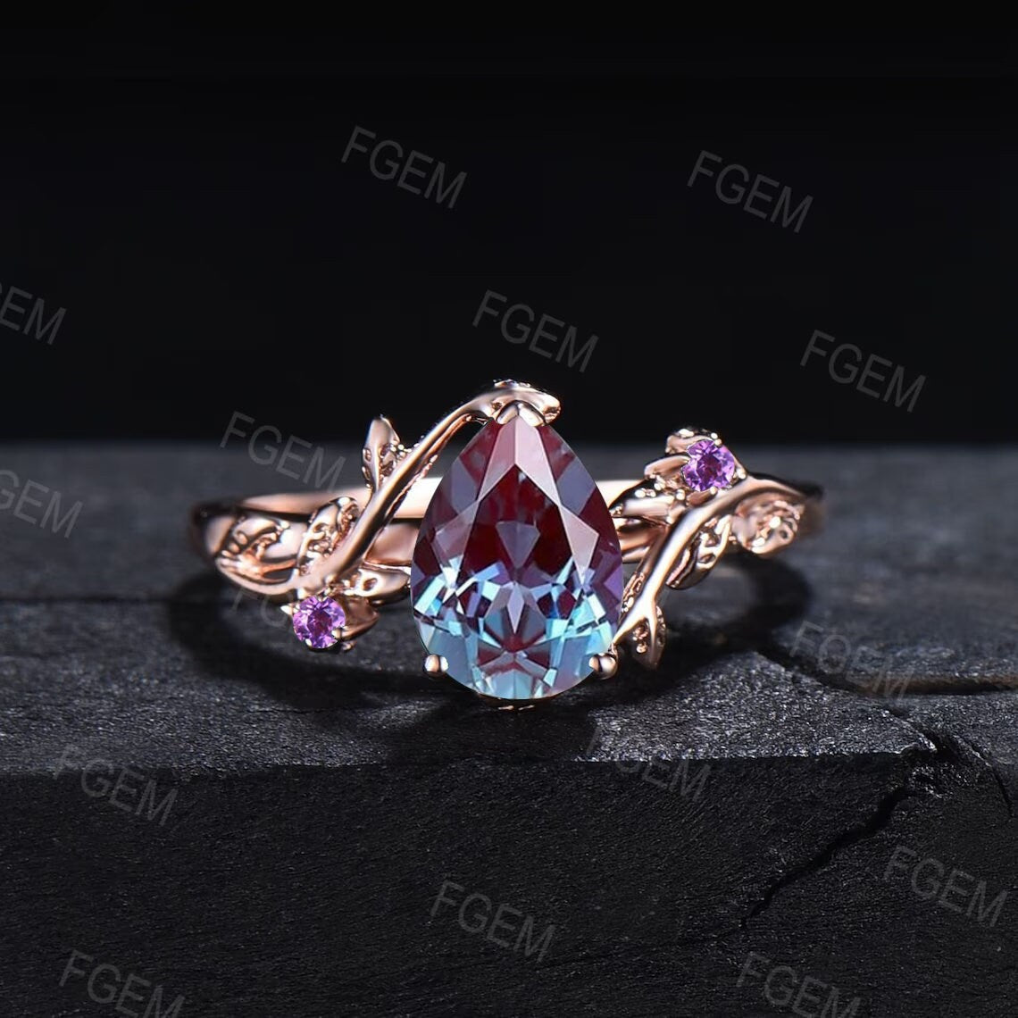 Nature Inspired Pear Alexandrite Amethyst Ring Set Vintage 10K Rose Gold Leaf Opal Band Alexandrite Wedding Ring Unique July Birthstone Gift