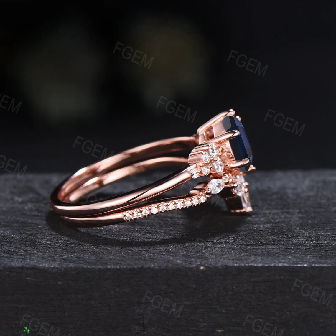 1ct Round Blue Sapphire Engagement Ring Set Dainty Blue Bridal Set Cluster Snowdrift Leaf Wedding Ring Set Birthday/Anniversary Gifts Women