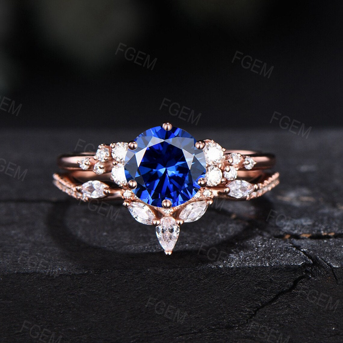 1ct Round Blue Sapphire Engagement Ring Set Dainty Blue Bridal Set Cluster Snowdrift Leaf Wedding Ring Set Birthday/Anniversary Gifts Women