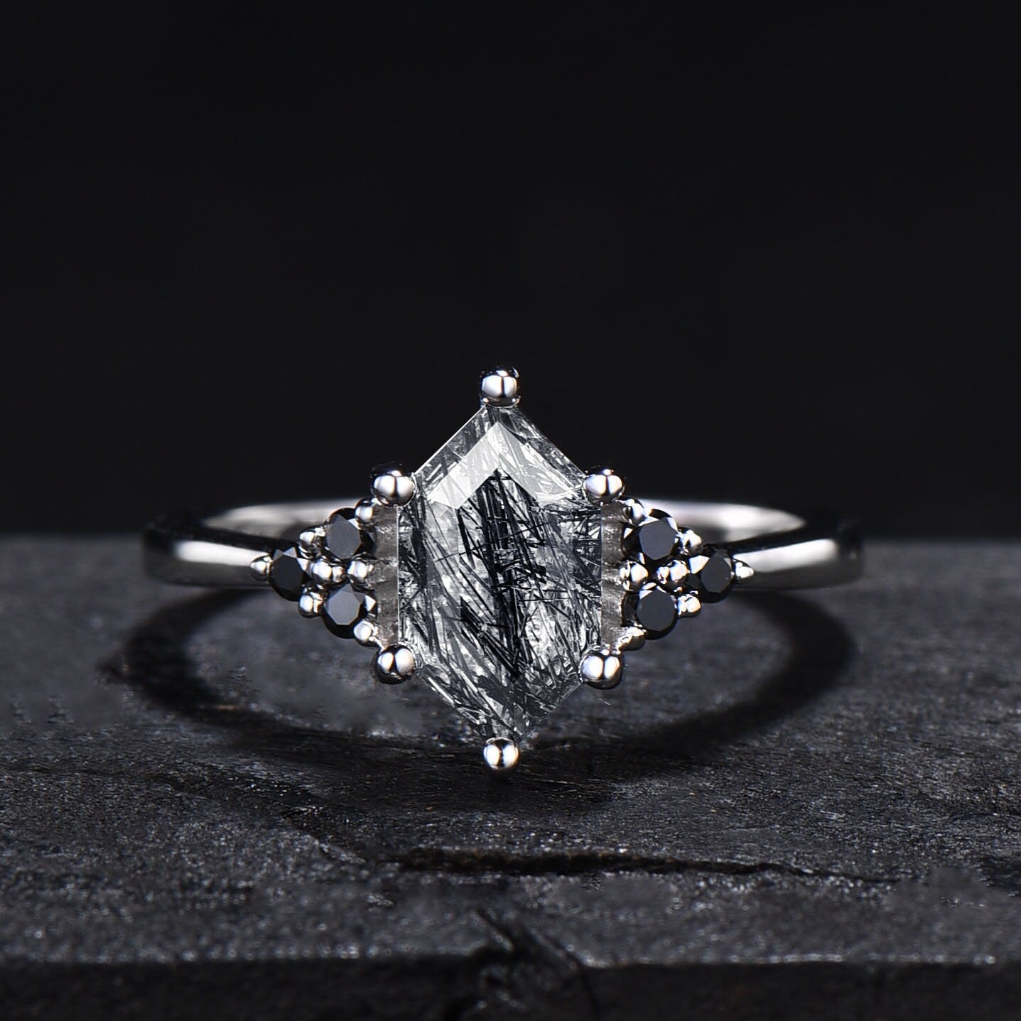 Long Hexagon Cut Natural Black Rutilated Quartz Engagement Ring Black Crystal Wedding Rings Vintage Black Stone Jewelry Anniversary Gifts