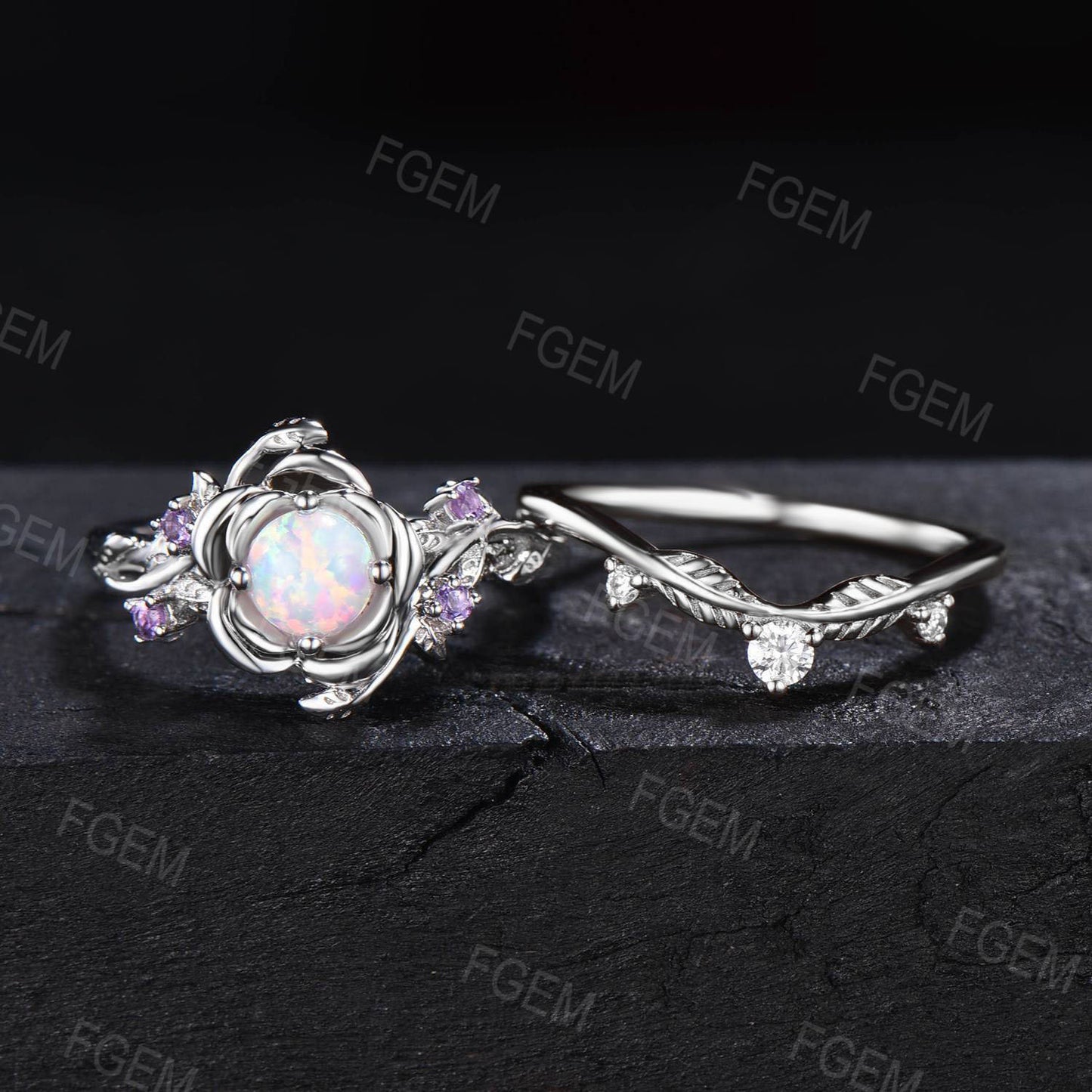 Rose Flower Opal Engagement Ring Set 5mm Round Cut White Opal Floral Wedding Ring Nature Inspired Leaf Amethyst Ring October Birthstone Gift