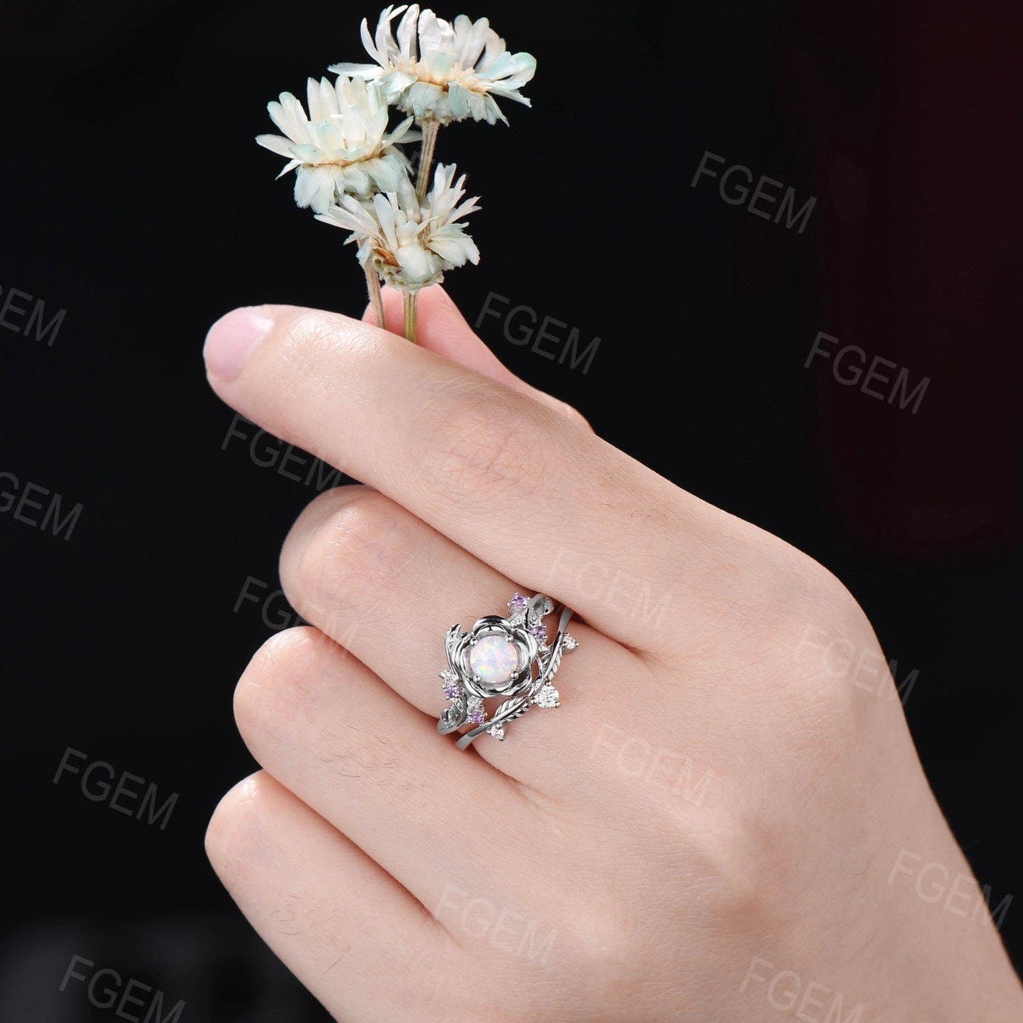 Rose Flower Opal Engagement Ring Set 5mm Round Cut White Opal Floral Wedding Ring Nature Inspired Leaf Amethyst Ring October Birthstone Gift