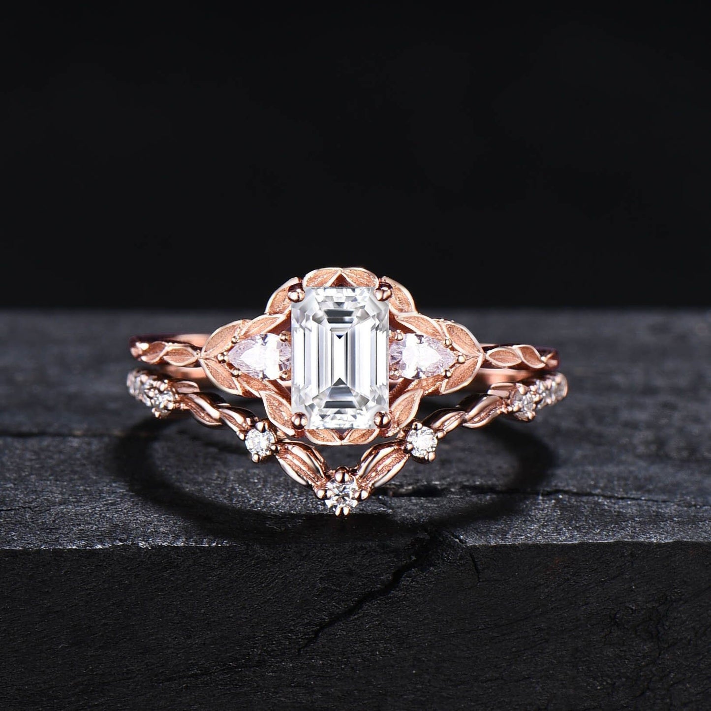 Nature Inspired Twig Moissanite Engagement Ring Set Emerald Cut Moissanite Diamond Three Stone Wedding Ring Leaf Vine Ring Branch Bridal Set