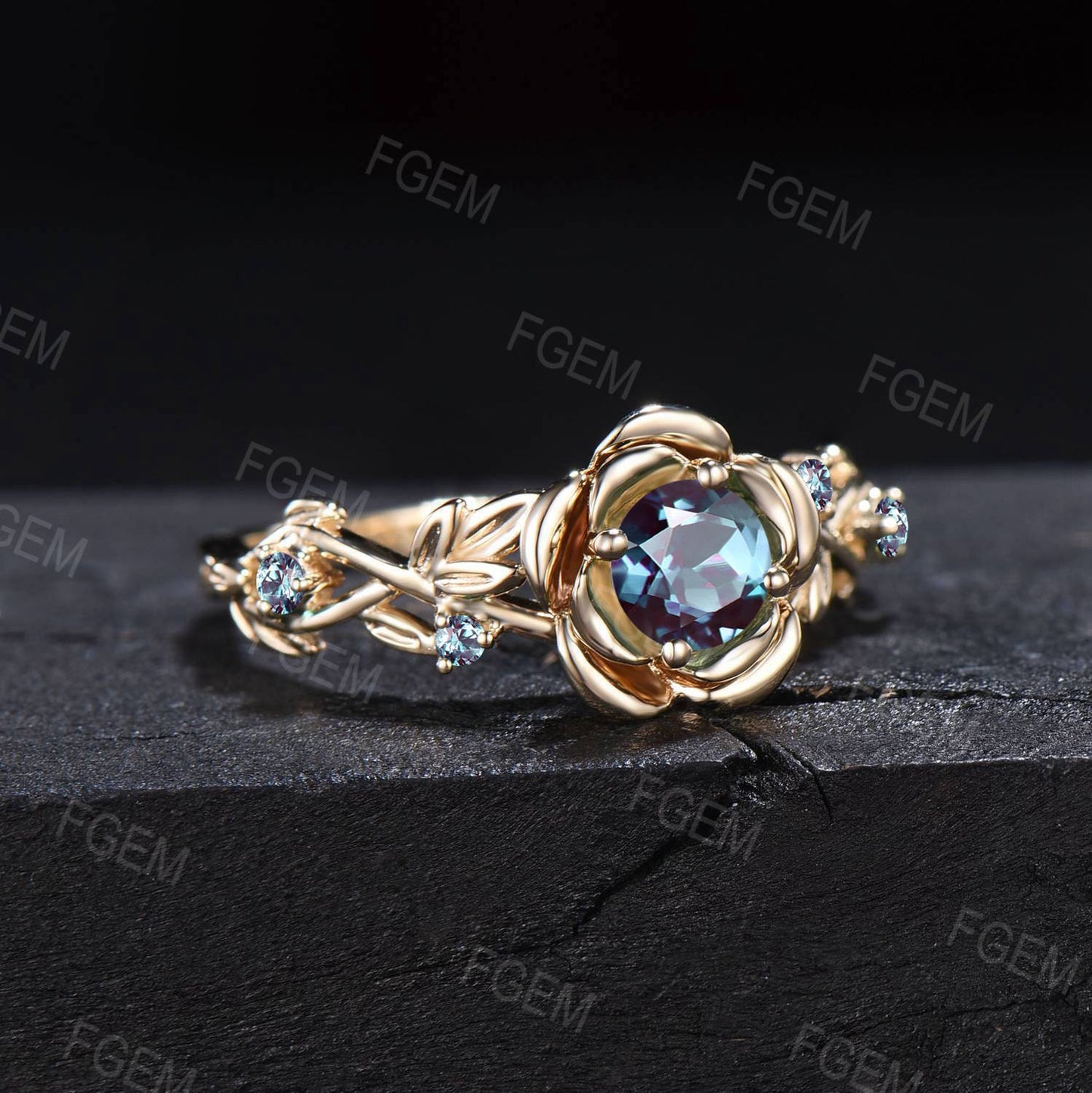 Rose Flower Alexandrite Ring 5mm Round Cut Color-Change Alexandrite Engagement Rings Crossover Leaf Floral Nature Ring June Birthstone Gift