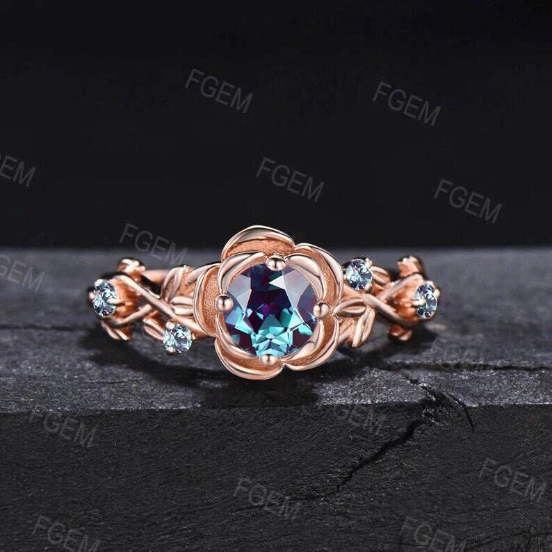 Rose Flower Alexandrite Ring 5mm Round Cut Color-Change Alexandrite Engagement Rings Crossover Leaf Floral Nature Ring June Birthstone Gift