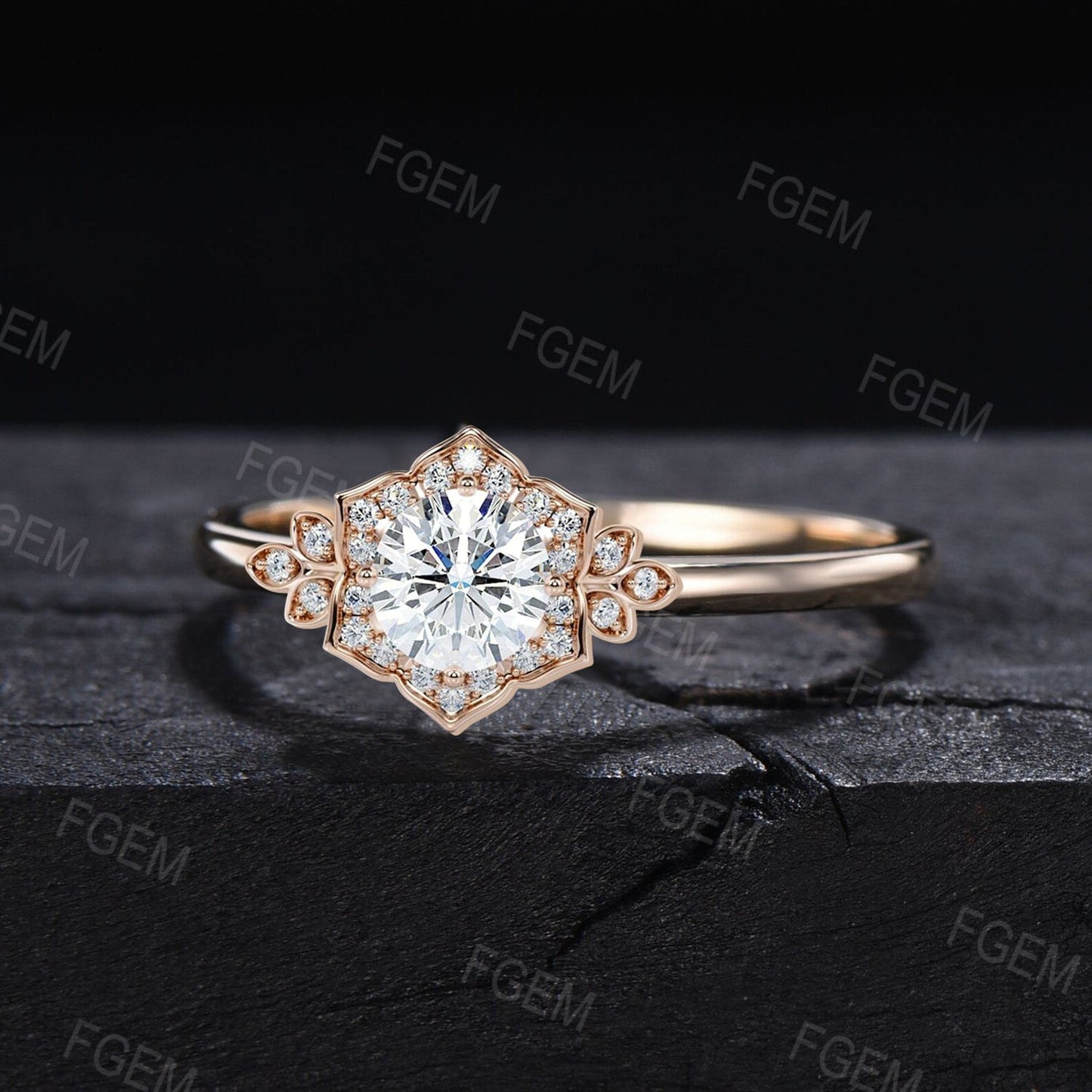 Round Moissanite Ring Rose Flower Engagement Ring Floral Cluster Halo Diamond Wedding Ring Nature Inspired Moissanite Jewelry Promise Gift