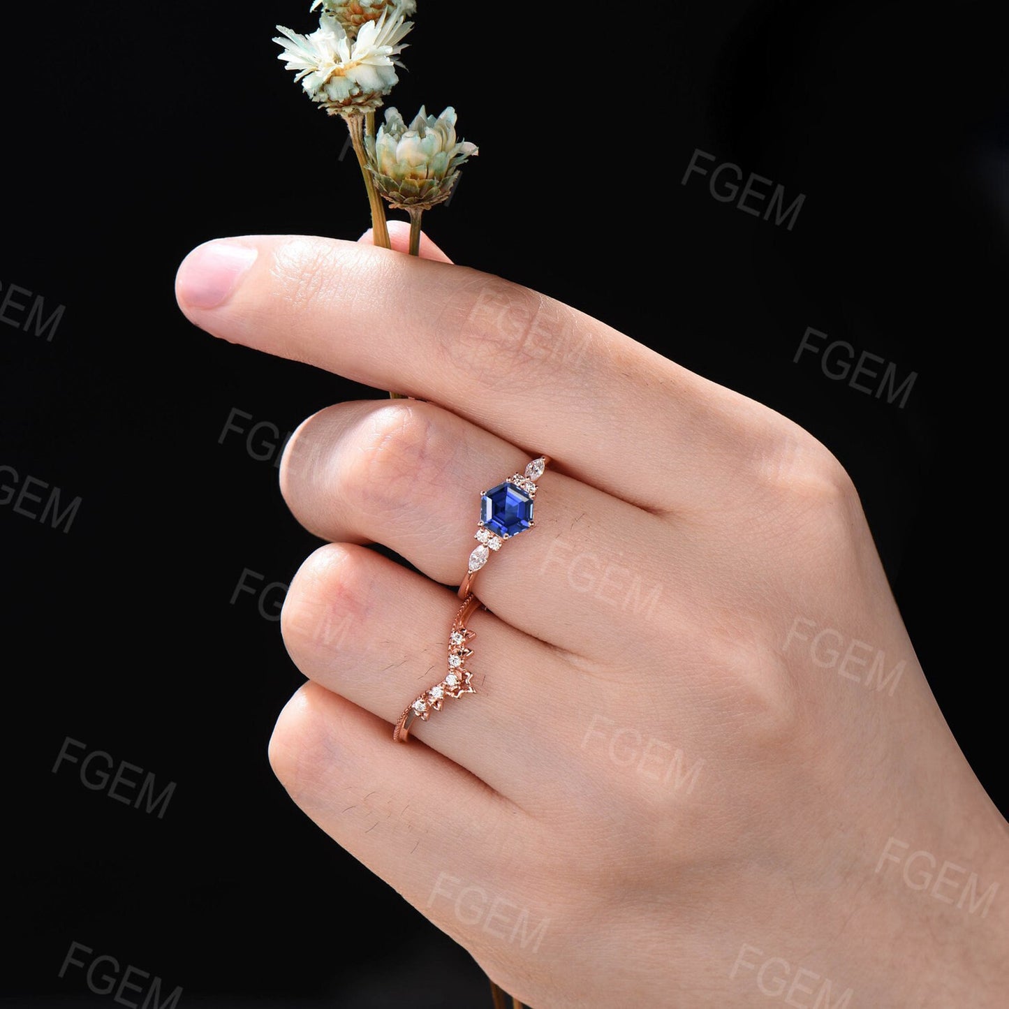 1ct Blue Sapphire Engagement Ring Set Vintage Hexagon Bridal Set September Birthstone Wedding Ring Blue Gemstone Promise Ring Gift for Women