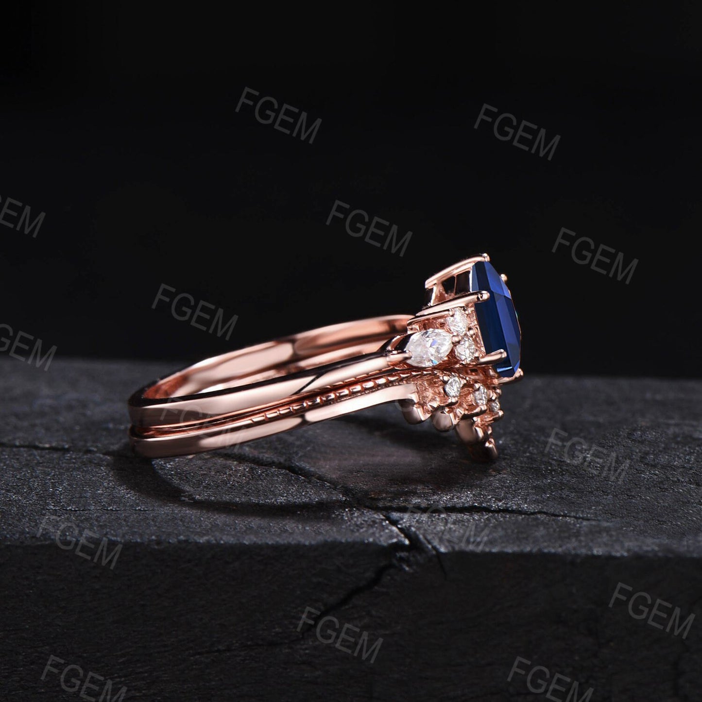 1ct Blue Sapphire Engagement Ring Set Vintage Hexagon Bridal Set September Birthstone Wedding Ring Blue Gemstone Promise Ring Gift for Women