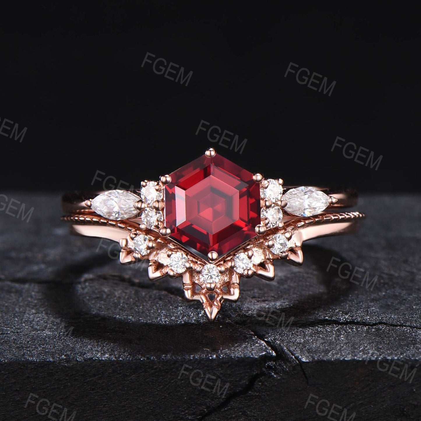 Sterling Silver Red Gemstone Jewelry Vintage 1ct Hexagon Ring Set Ruby Engagement Ring Set Anniversary/Birthday Gift July Birthstone Ring
