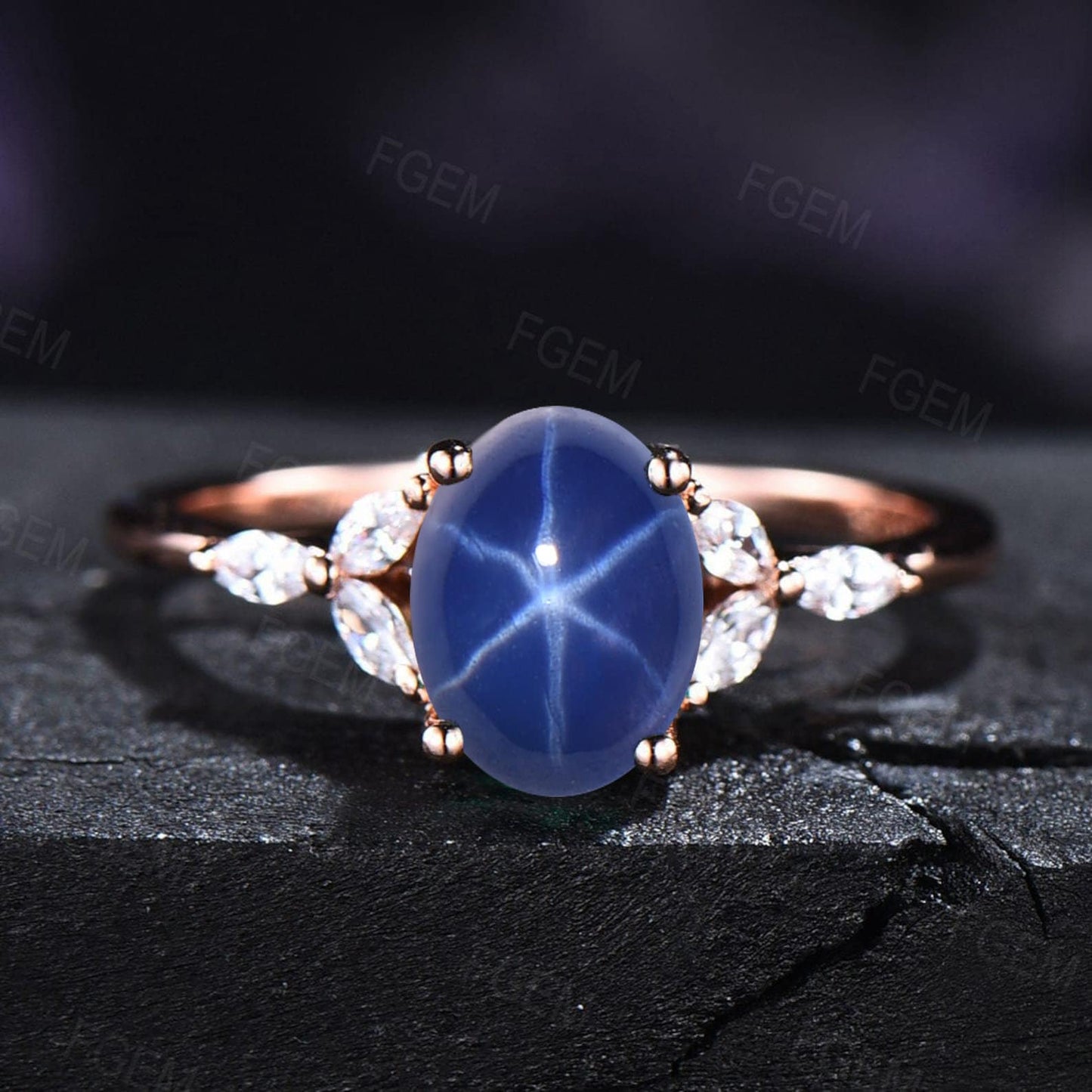 Sterling Silver Blue Star Sapphire Proposal Ring Set 1.5ct Oval Cut Vintage Womens Lindy Star Sapphire Cabochon Ring Hypoallergenic Jewelry