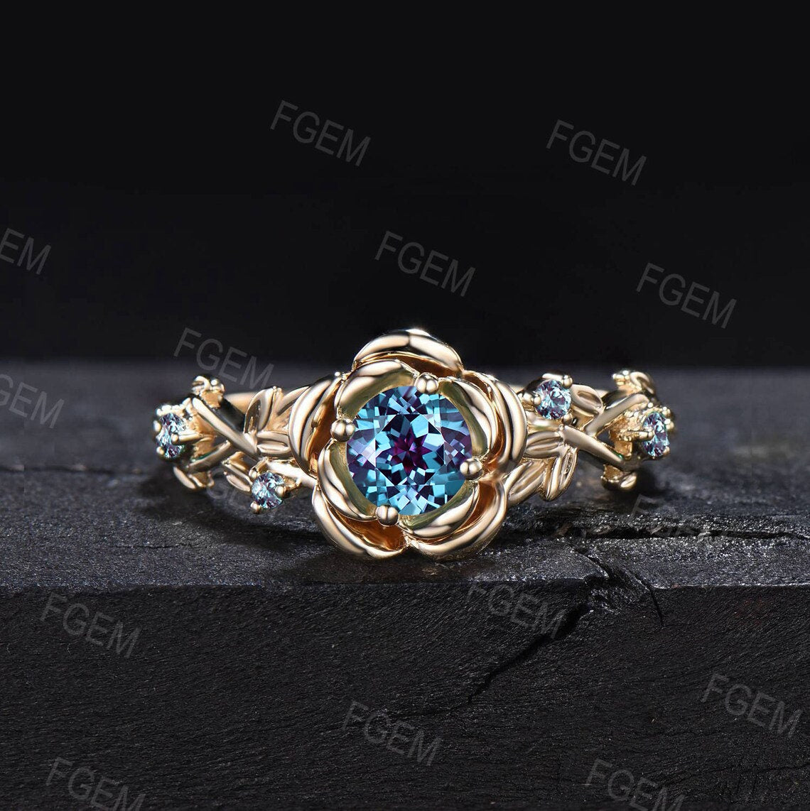 Rose Flower Alexandrite Ring 5mm Round Cut Color-Change Alexandrite Engagement Rings Crossover Leaf Floral Nature Ring June Birthstone Gift
