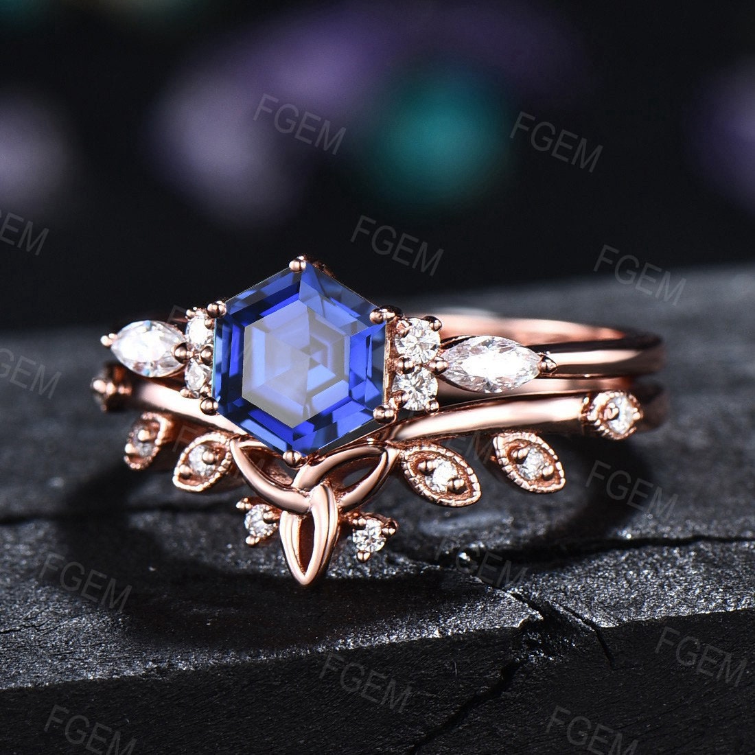 Hexagon Cut Blue Sapphire Ring Set 2pc Sterling Silver Hypoallergenic Promise Ring Birthday Anniversary Gift Blue Sapphire Celtic Bridal Set