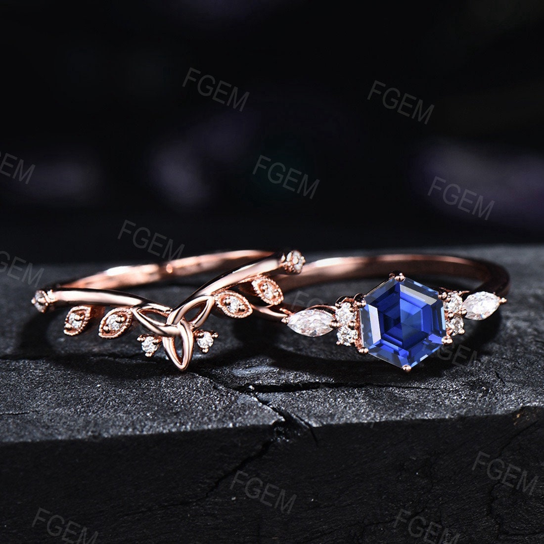Hexagon Cut Blue Sapphire Ring Set 2pc Sterling Silver Hypoallergenic Promise Ring Birthday Anniversary Gift Blue Sapphire Celtic Bridal Set