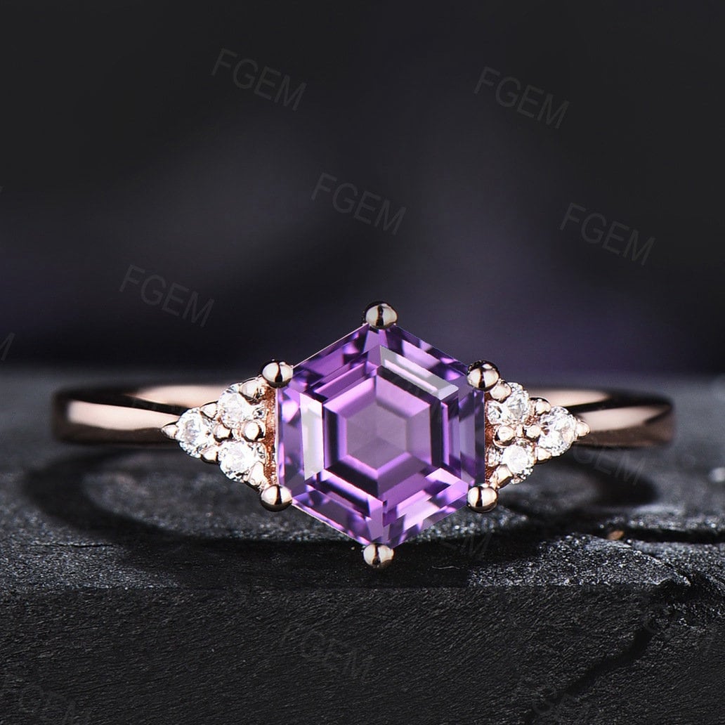 February Birthstone Wedding Ring Purple Crystal Ring 1ct Hexagon Cut Natural Amethyst Engagement Ring Sterling Silver Purple Gemstone Ring