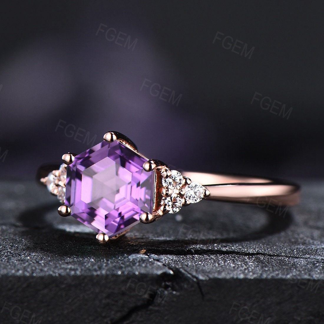 February Birthstone Wedding Ring Purple Crystal Ring 1ct Hexagon Cut Natural Amethyst Engagement Ring Sterling Silver Purple Gemstone Ring