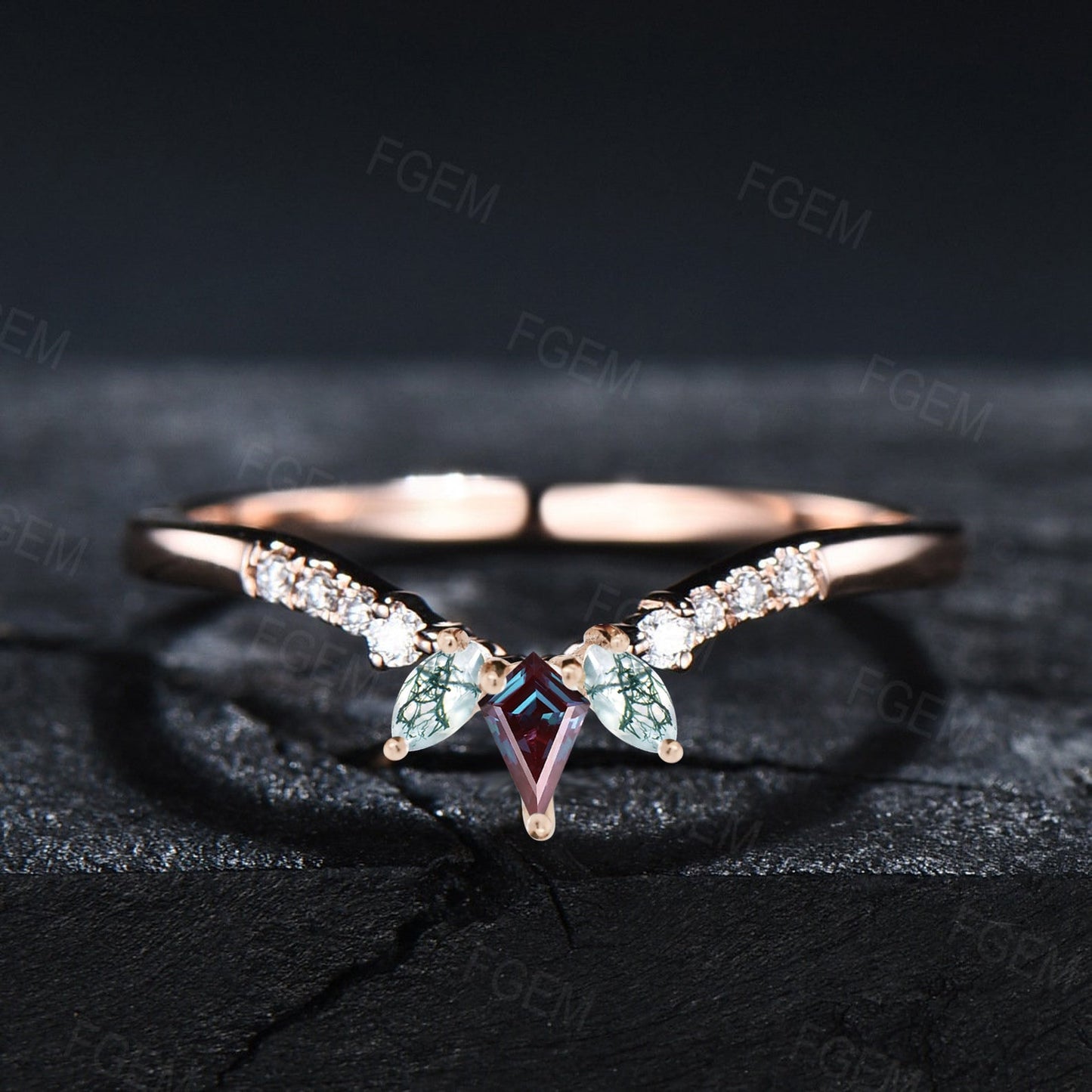Kite Alexandrite Marquise Moss Agate Curve Wedding Band Art Deco Ring Vintage 10K Rose Gold Chevron Band Moissanite Matching Stacking Band