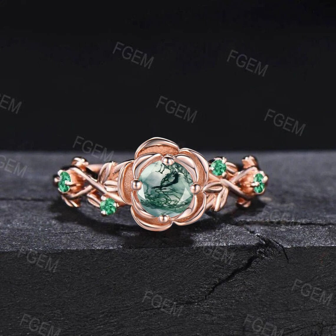 Natural Round Moss Agate Rose Flower Engagement Ring Set 10K Rose Gold Nature Inspired Floral Moss Agate Emerald Ring Green Gemstone Jewelry