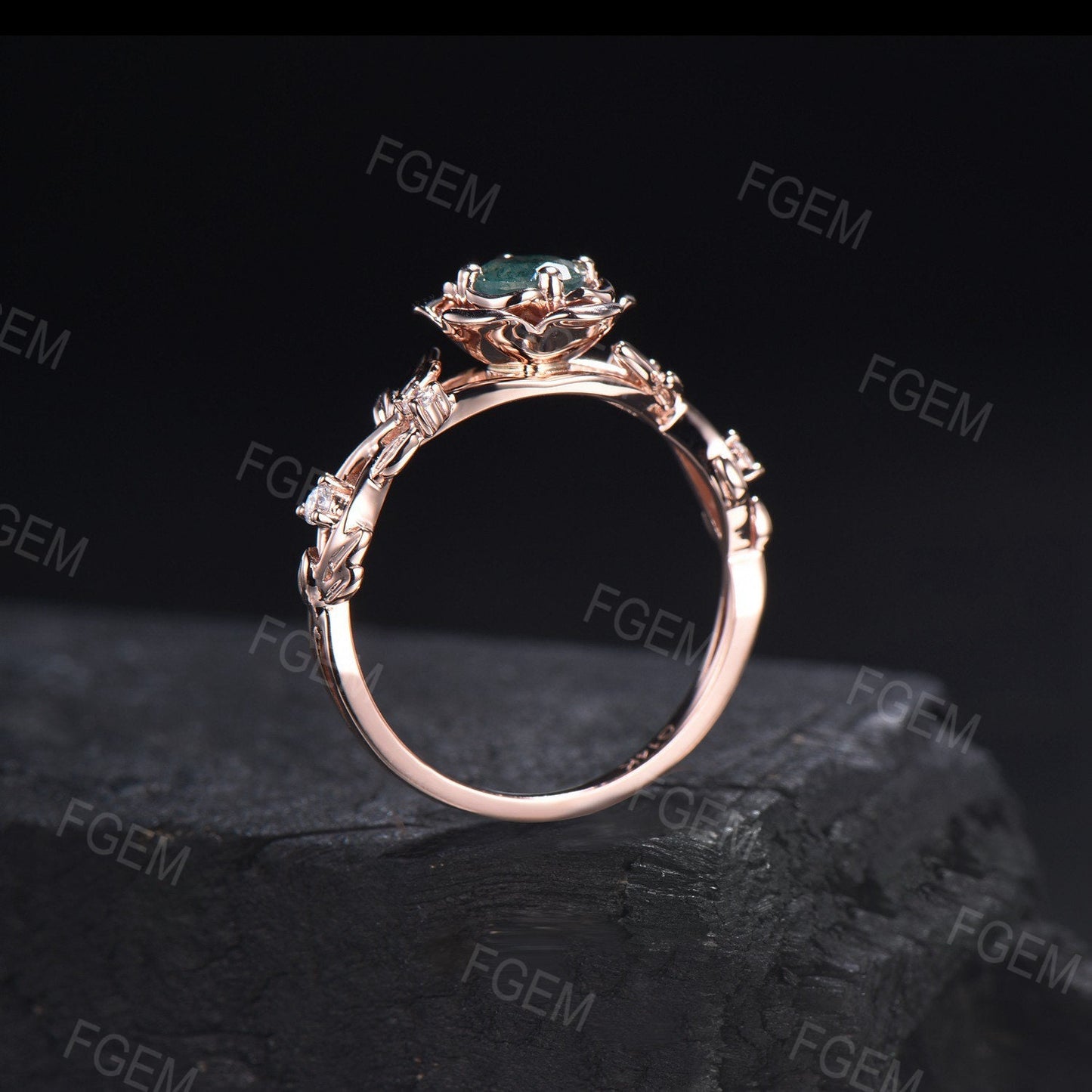 Nature Inspired Ring,Moss Rose Flower Engagement Ring,Leaf Branch Ring,Round Moss Agate ,14K Rose Gold Twig Flower Ring,Women Wedding Ring