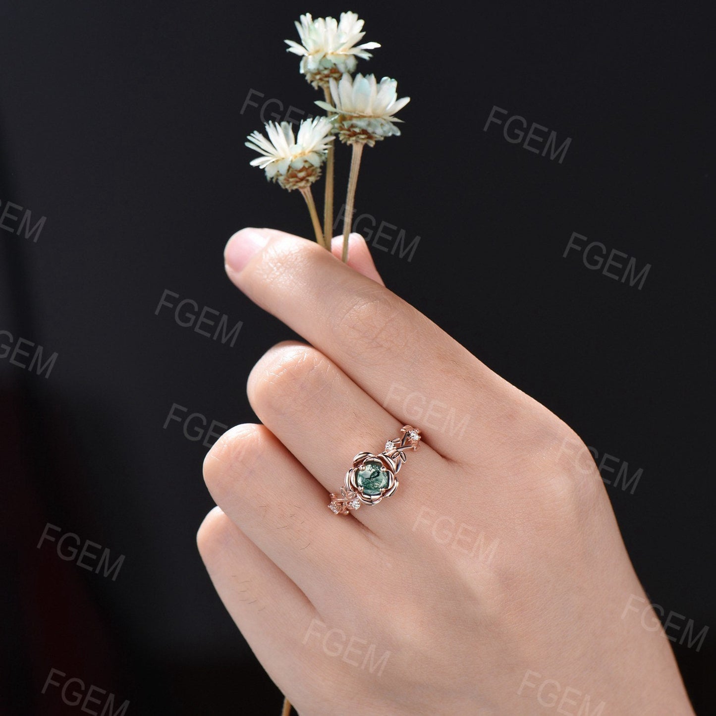 Nature Inspired Ring,Moss Rose Flower Engagement Ring,Leaf Branch Ring,Round Moss Agate ,14K Rose Gold Twig Flower Ring,Women Wedding Ring