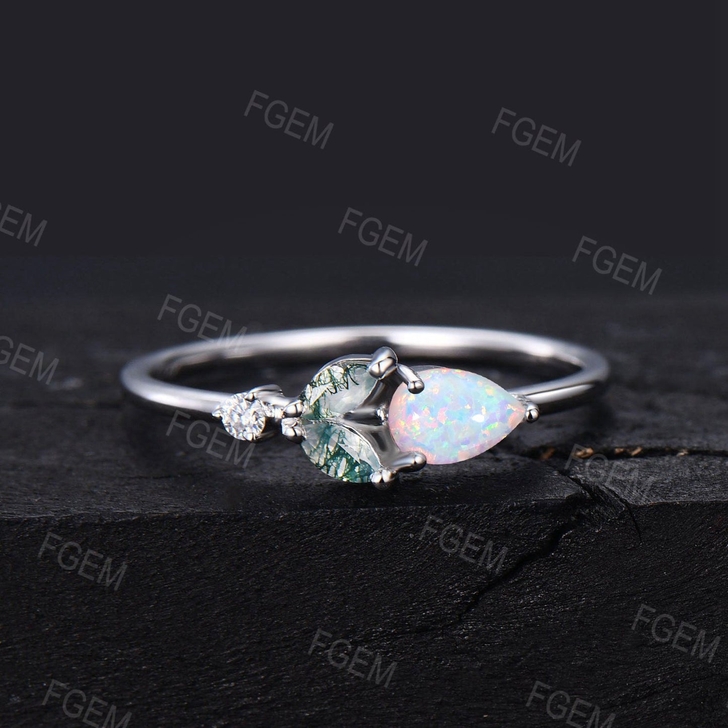 Unique Opal Moss Agate Engagement Ring Dainty Pear Opal Ring Marquise Moss Ring October Birthstone Minimalist Wedding Ring Birthday Gifts