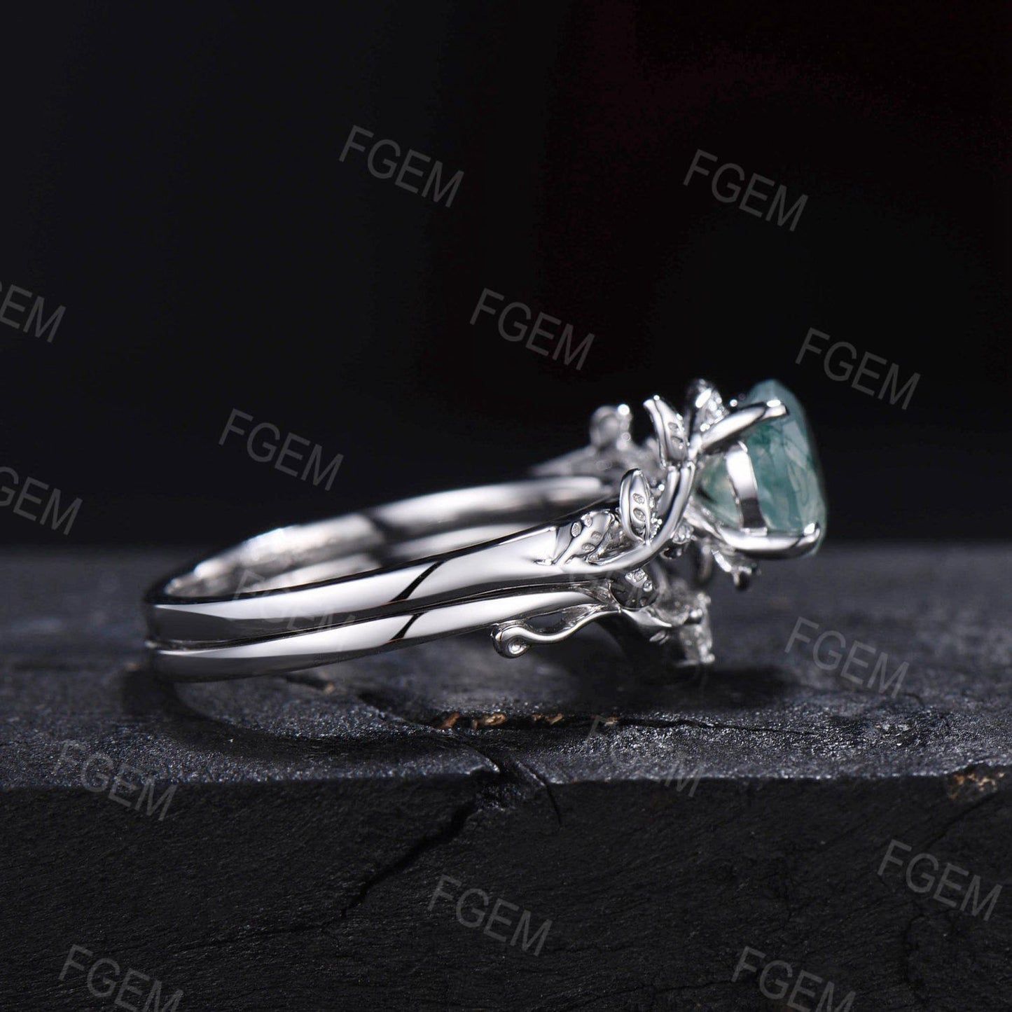 1ct Round Cut Natural Moss Agate Engagement Rings Set 14k Rose Gold Branch Design Solitaire Rings Unique Leaf Wedding Ring Anniversary Gift