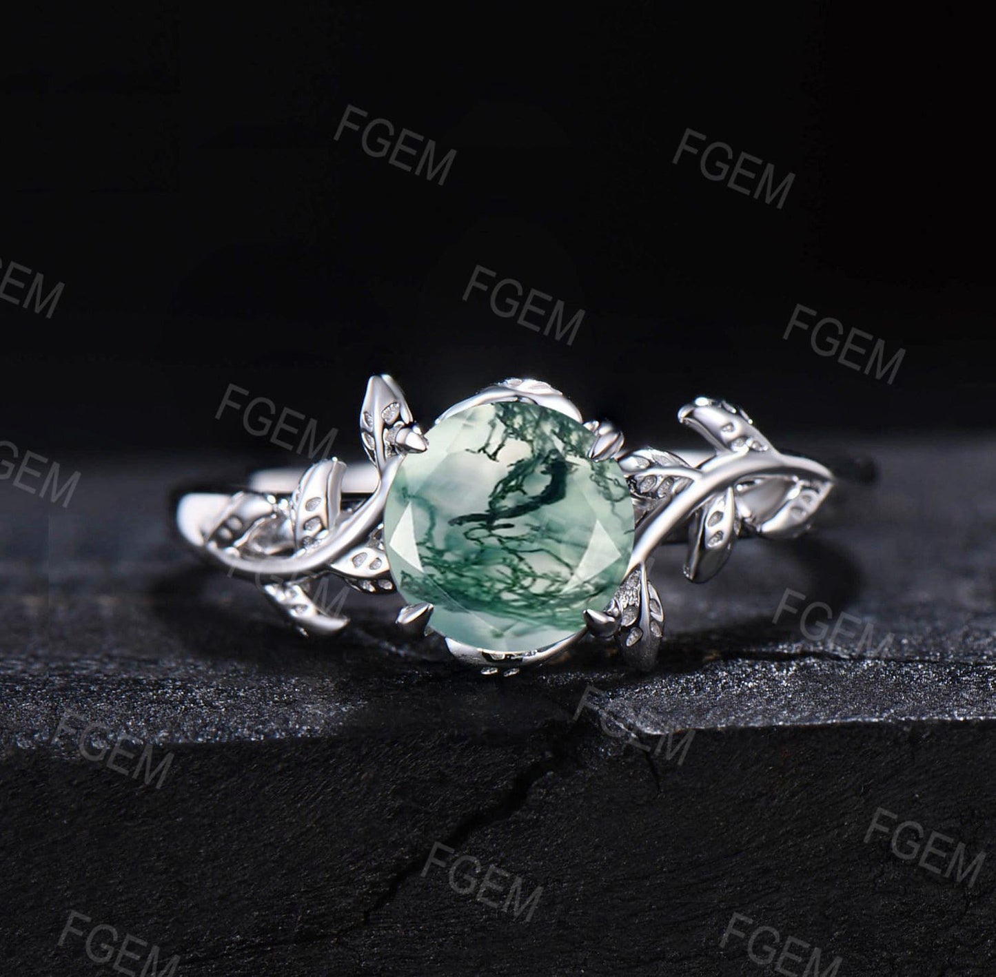 1ct Round Cut Natural Green Moss Agate Bridal Set 14K Rose Gold Branch Solitaire Rings Unique Curve Moissanite Wedding Band Anniversary Gift