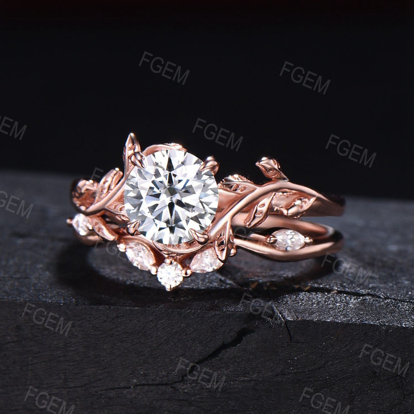 Nature Inspired Moissanite Engagement Ring Set 1ct 6.5mm Round Cut Moissanite Diamond Wedding Ring Set Leaf Vine Ring Branch Bridal Set Gift
