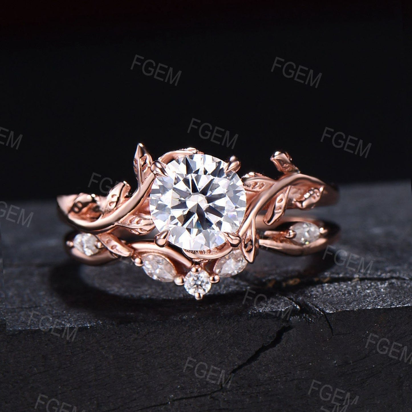 Nature Inspired Moissanite Engagement Ring Set 1ct 6.5mm Round Cut Moissanite Diamond Wedding Ring Set Leaf Vine Ring Branch Bridal Set Gift