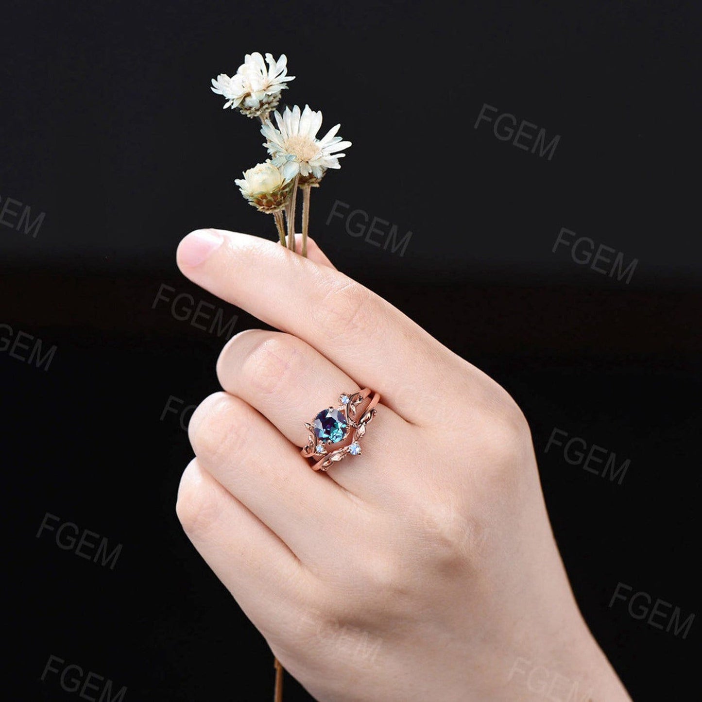 1ct Round Cut Nature Inspired Alexandrite Ring Set Moonstone Wedding Ring Leaf Vine Ring Set Unique Branch Design Promise Anniversary Gifts