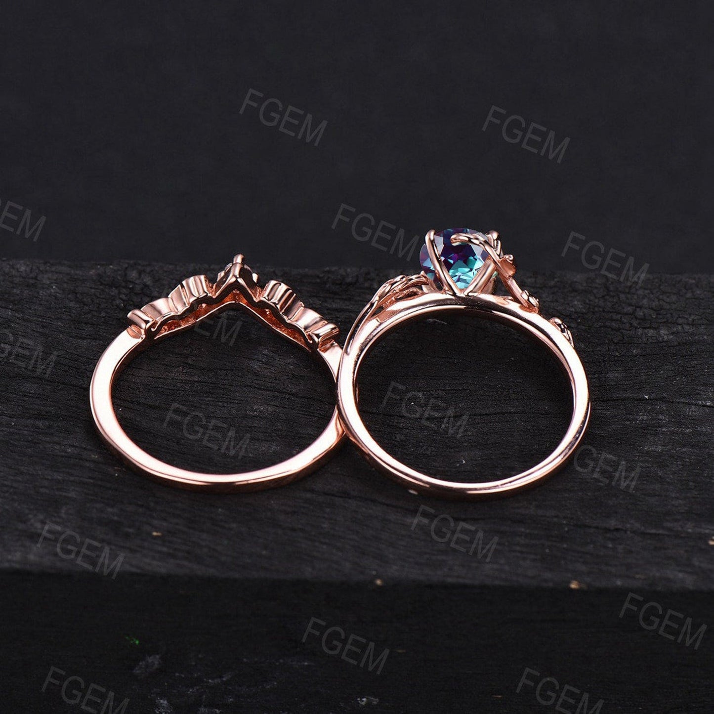 1ct Round Cut Nature Inspired Alexandrite Ring Set Moonstone Wedding Ring Leaf Vine Ring Set Unique Branch Design Promise Anniversary Gifts